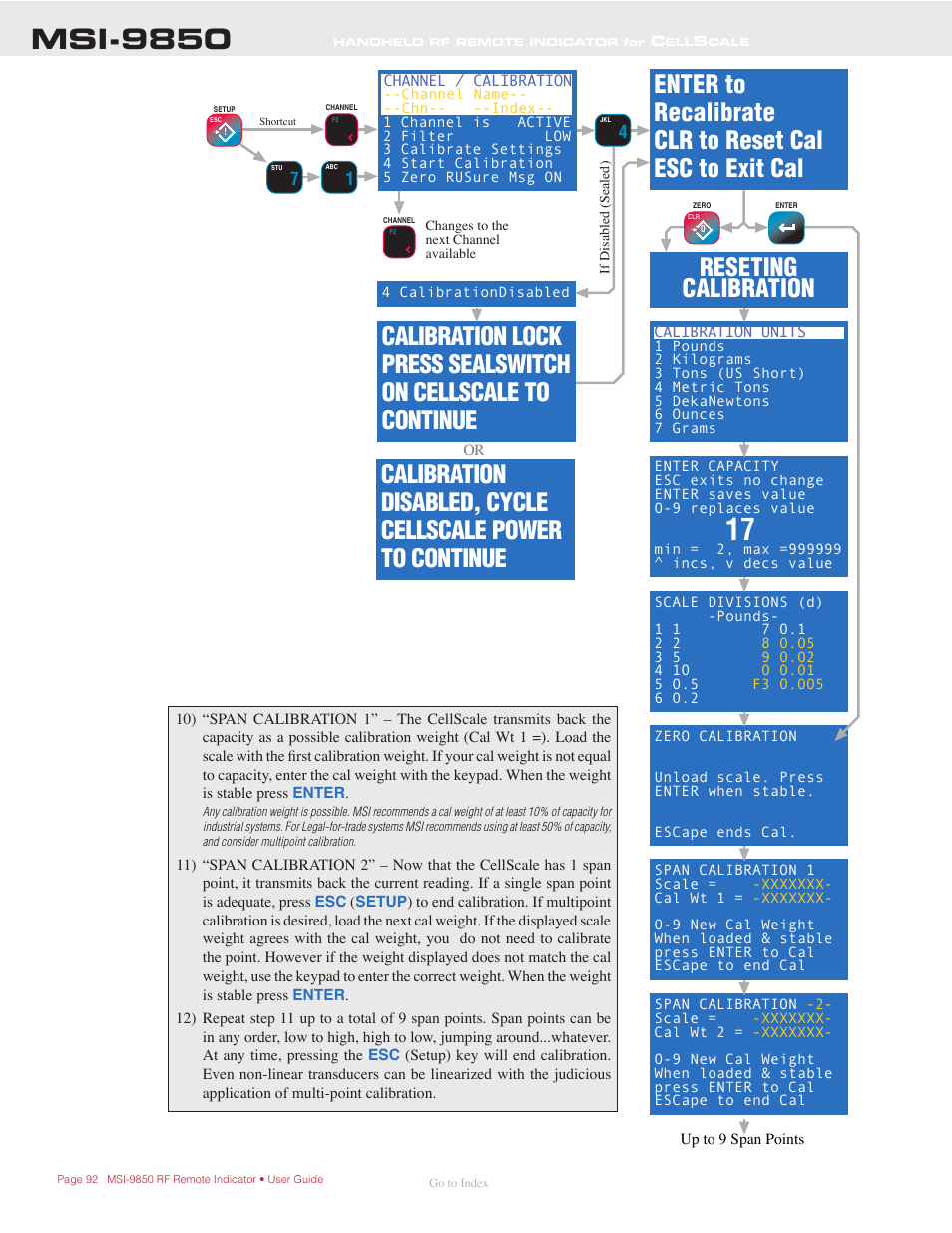 Msi-9850, Reseting calibration | Rice Lake MSI-9850 CellScale RF Digital Indicator - Operator Manual User Manual | Page 92 / 114