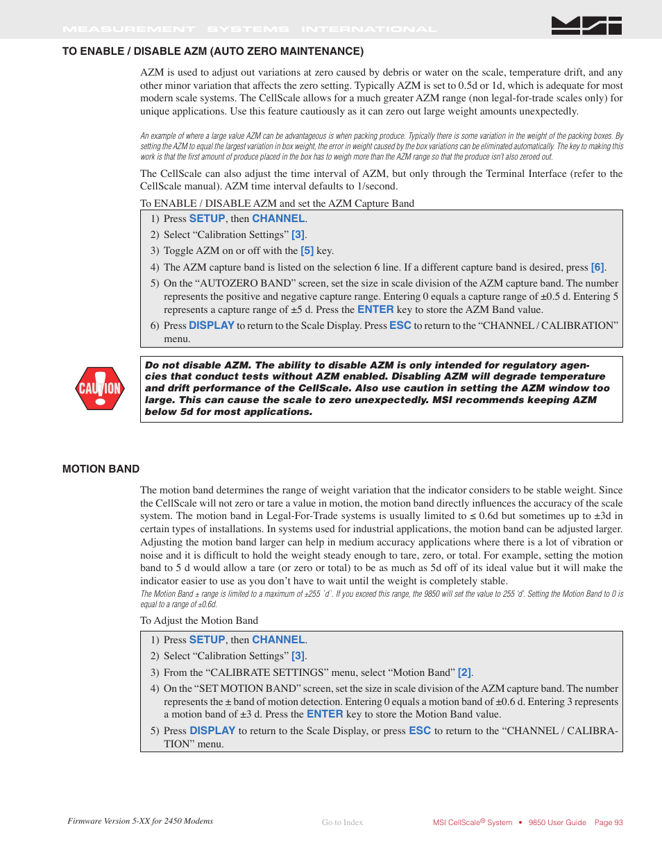 To enable / disable azm (auto zero maintenance), Motion band | Rice Lake MSI-9850 CellScale RF Digital Indicator - Operator Manual User Manual | Page 93 / 114