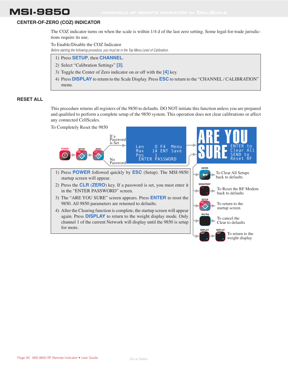 Center-of-zero (coz) indicator, Reset all, Are you sure | Msi-9850 | Rice Lake MSI-9850 CellScale RF Digital Indicator - Operator Manual User Manual | Page 94 / 114