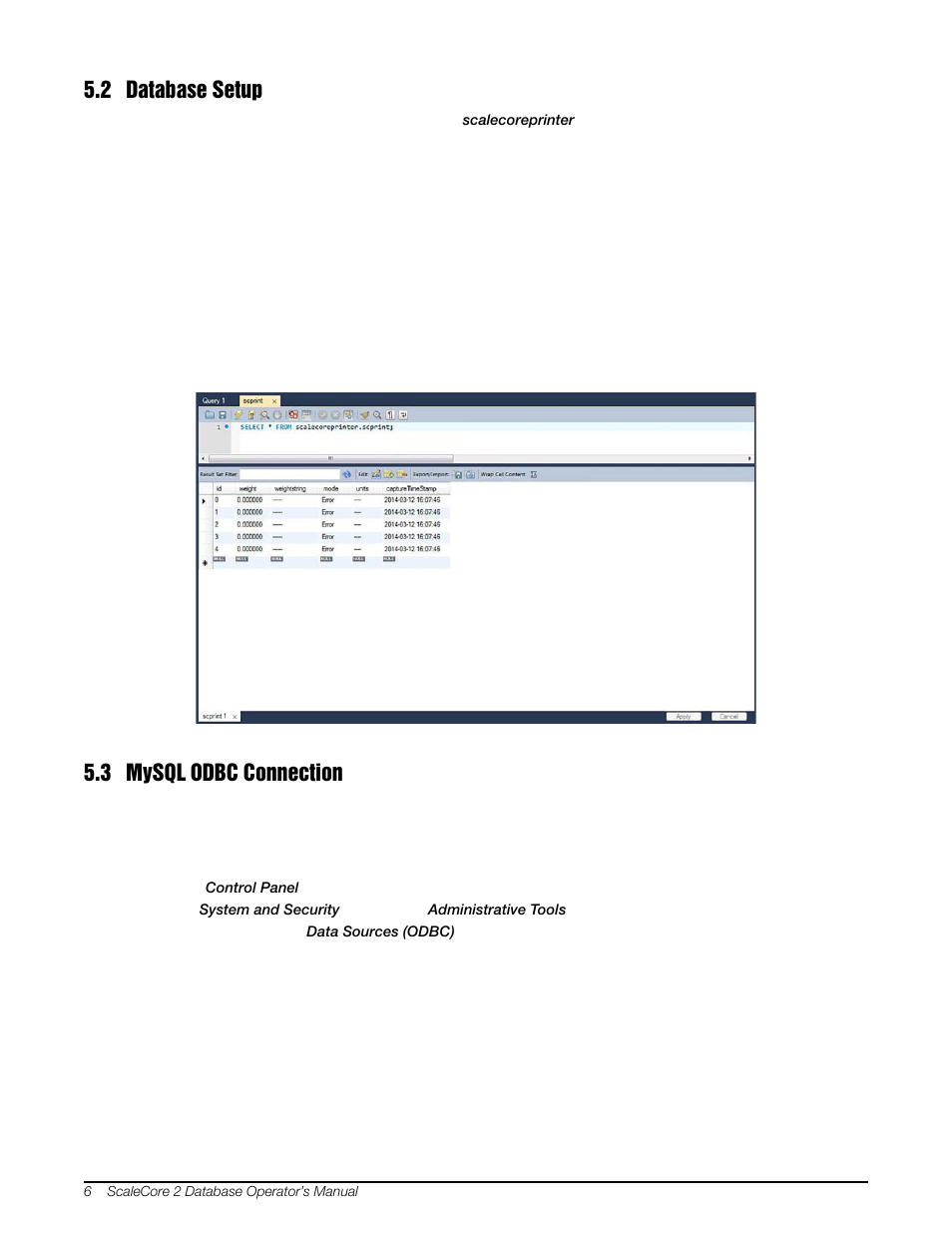 2 database setup, 3 mysql odbc connection, 2 database setup 5.3 mysql odbc connection | Rice Lake MSI-8000 RF Remote Display - ScaleCore 2 Database Program (Sc2Db) User Manual | Page 10 / 24