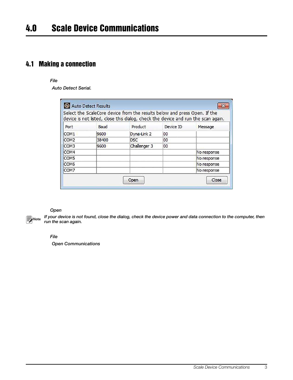 0 scale device communications, 1 making a connection, Scale device communications | Rice Lake MSI-8000 RF Remote Display - ScaleCore 2 Database Program (Sc2Db) User Manual | Page 7 / 24