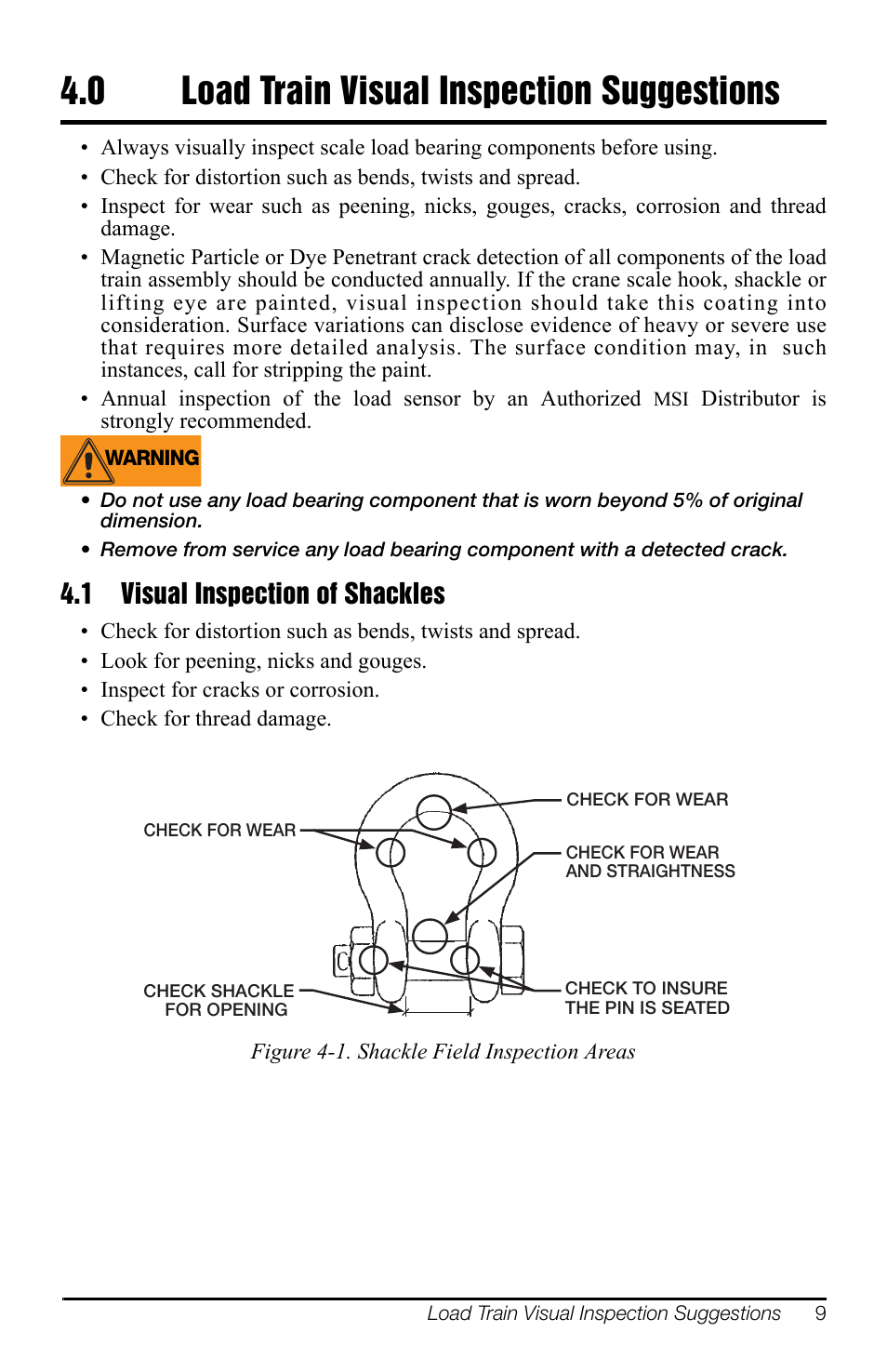 0 load train visual inspection suggestions, 1 visual inspection of shackles, Visual inspection of shackles | Rice Lake MSI-9300HT Hi-Torque Port-A-Weigh Plus CellScale RF Safety User Manual | Page 13 / 20