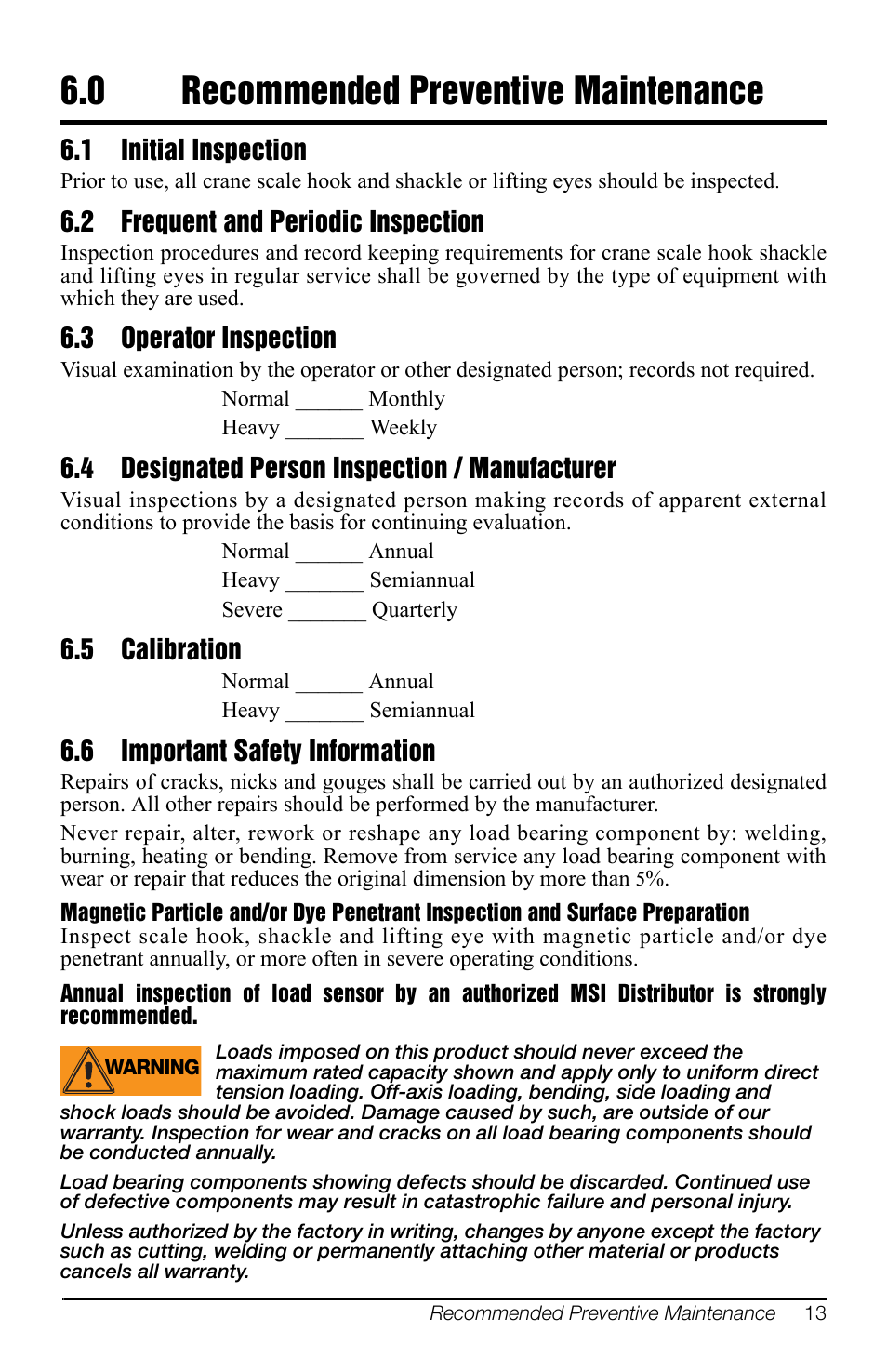 0 recommended preventive maintenance, 1 initial inspection, 2 frequent and periodic inspection | 3 operator inspection, 4 designated person inspection / manufacturer, 5 calibration, 6 important safety information, Initial inspection, Frequent and periodic inspection, Operator inspection | Rice Lake MSI-9300HT Hi-Torque Port-A-Weigh Plus CellScale RF Safety User Manual | Page 17 / 20