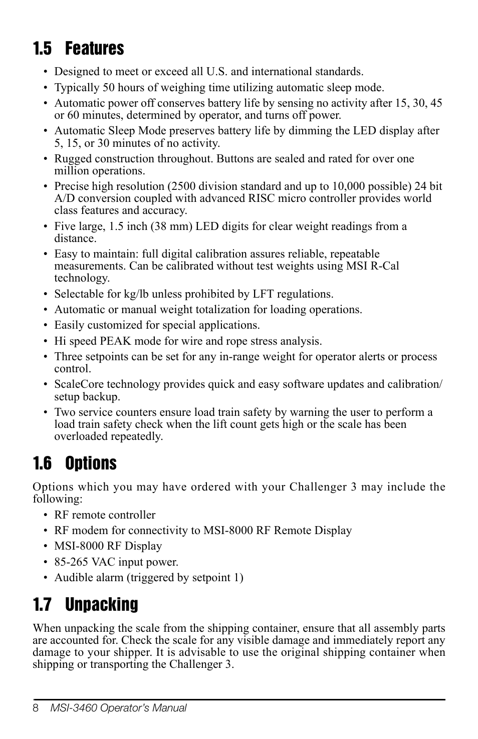 5 features, 6 options, 7 unpacking | 5 features 1.6 options 1.7 unpacking | Rice Lake MSI-3460 Challenger 3 User Manual | Page 12 / 64