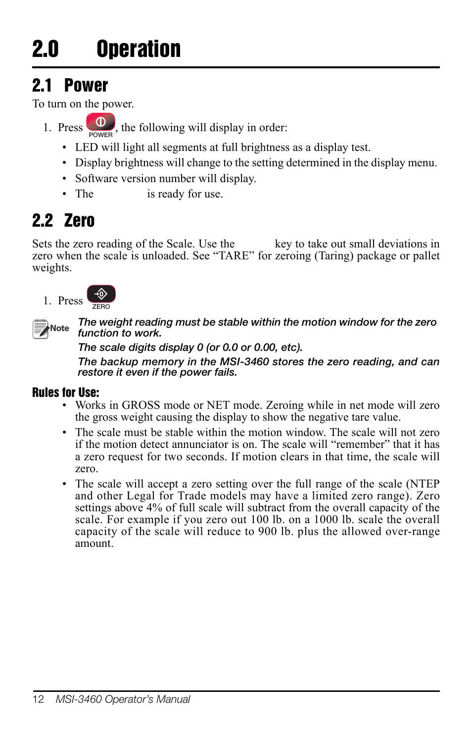 0 operation, 1 power, 2 zero | Operation, 1 power 2.2 zero | Rice Lake MSI-3460 Challenger 3 User Manual | Page 16 / 64