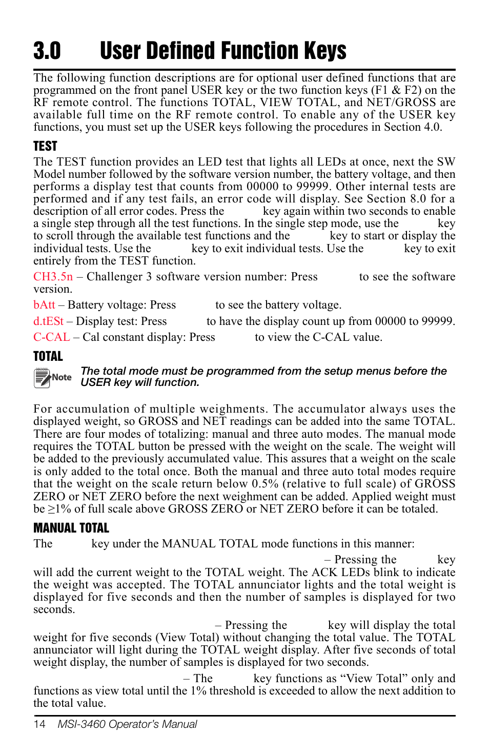 0 user defined function keys, User defined function keys | Rice Lake MSI-3460 Challenger 3 User Manual | Page 18 / 64