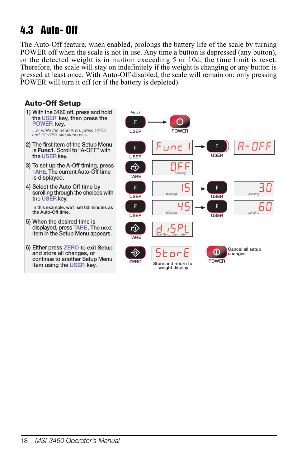 3 auto- off, Yqf  glvs, 6wruh | Auto-off setup, Figure 4-3. auto-off | Rice Lake MSI-3460 Challenger 3 User Manual | Page 22 / 64