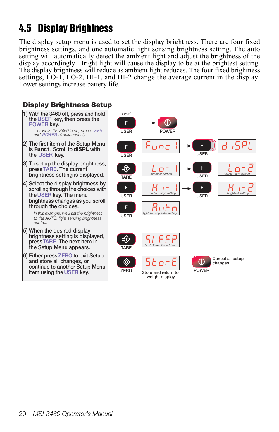 5 display brightness, Yqf +l 6/((3, Glvs | 6wruh, Display brightness setup, Figure 4-5. display brightness | Rice Lake MSI-3460 Challenger 3 User Manual | Page 24 / 64