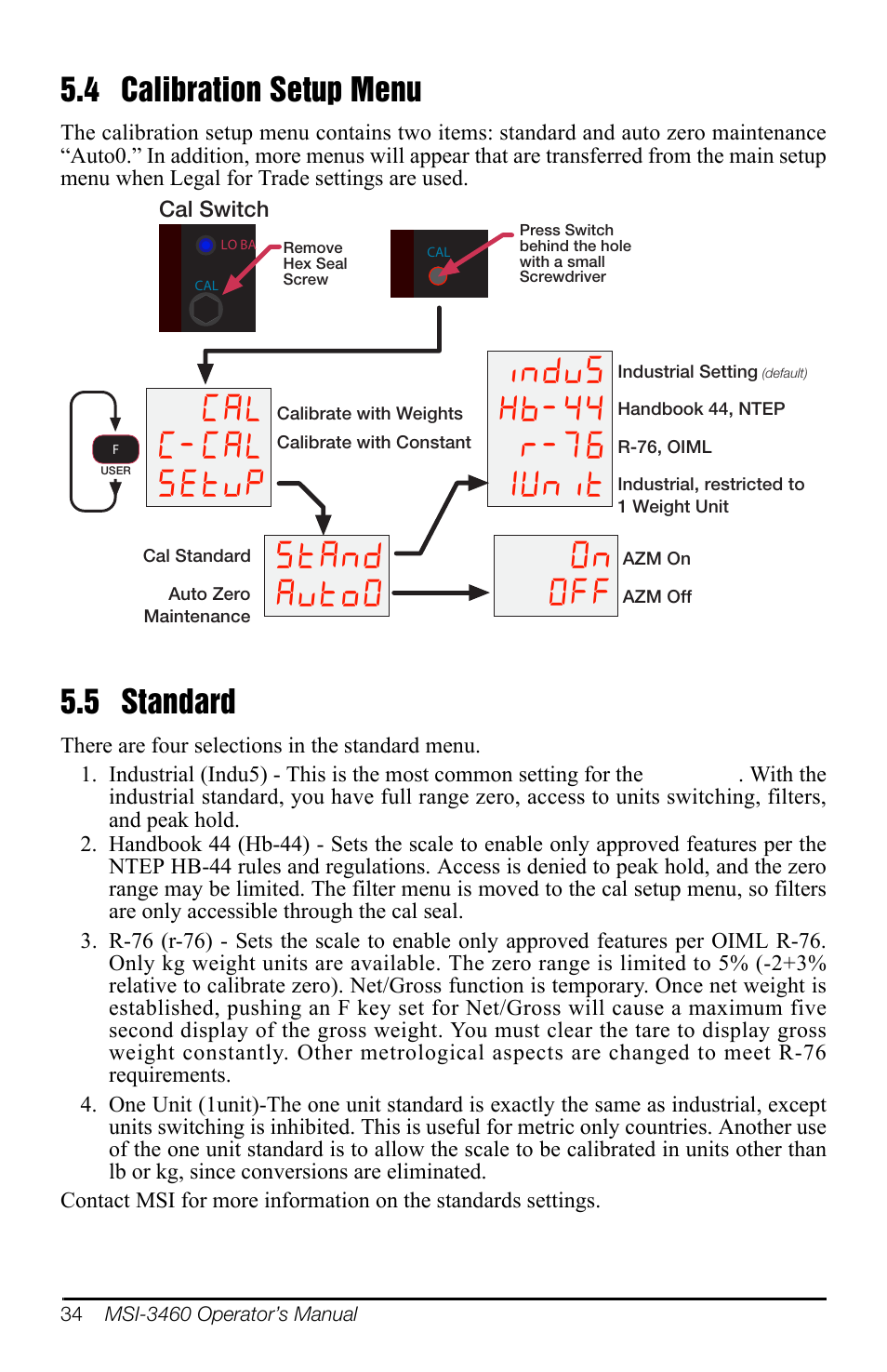 4 calibration setup menu, 5 standard, 4 calibration setup menu 5.5 standard | Rice Lake MSI-3460 Challenger 3 User Manual | Page 38 / 64