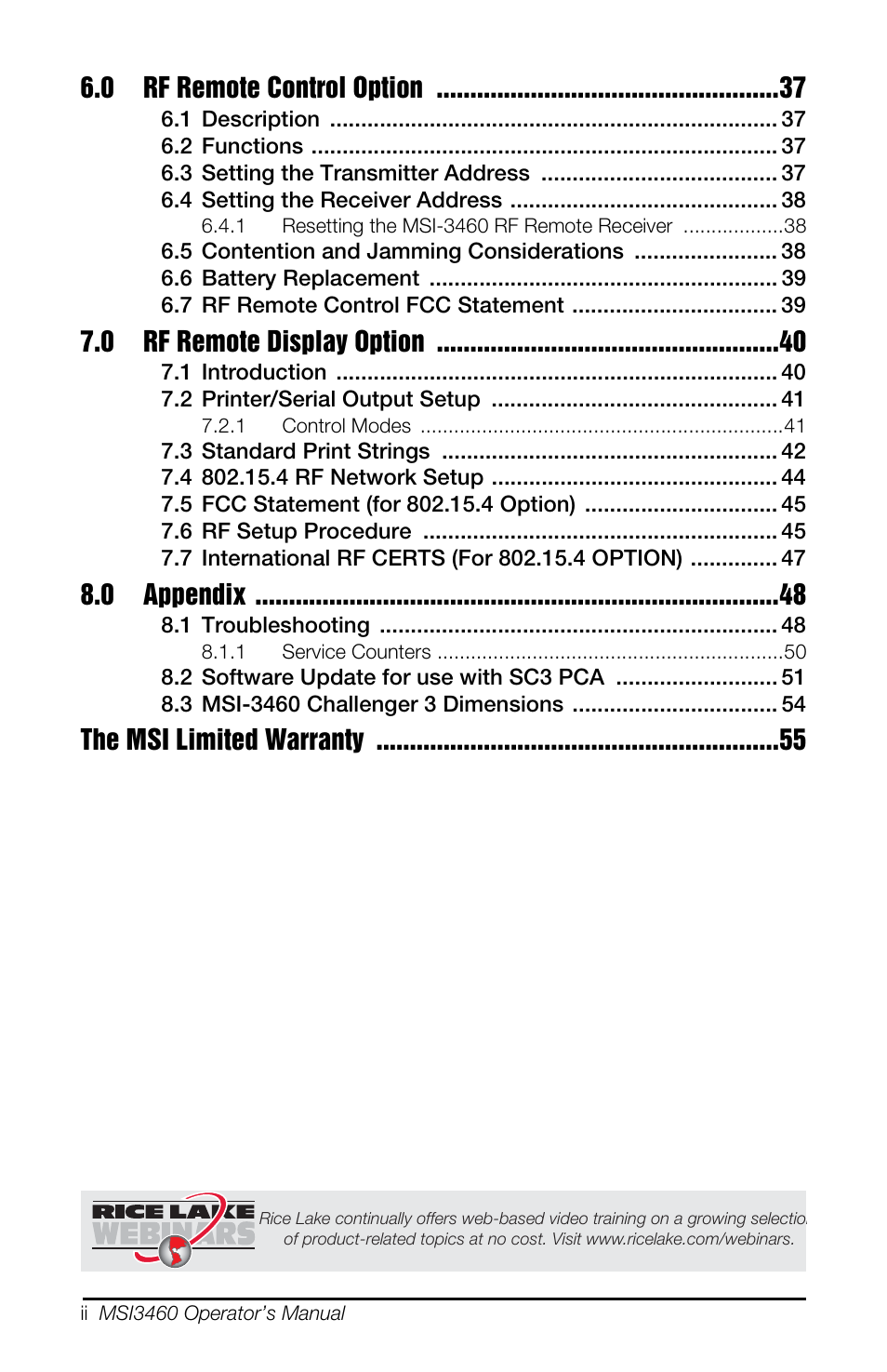 0 rf remote control option, 0 rf remote display option, 0 appendix | The msi limited warranty | Rice Lake MSI-3460 Challenger 3 User Manual | Page 4 / 64