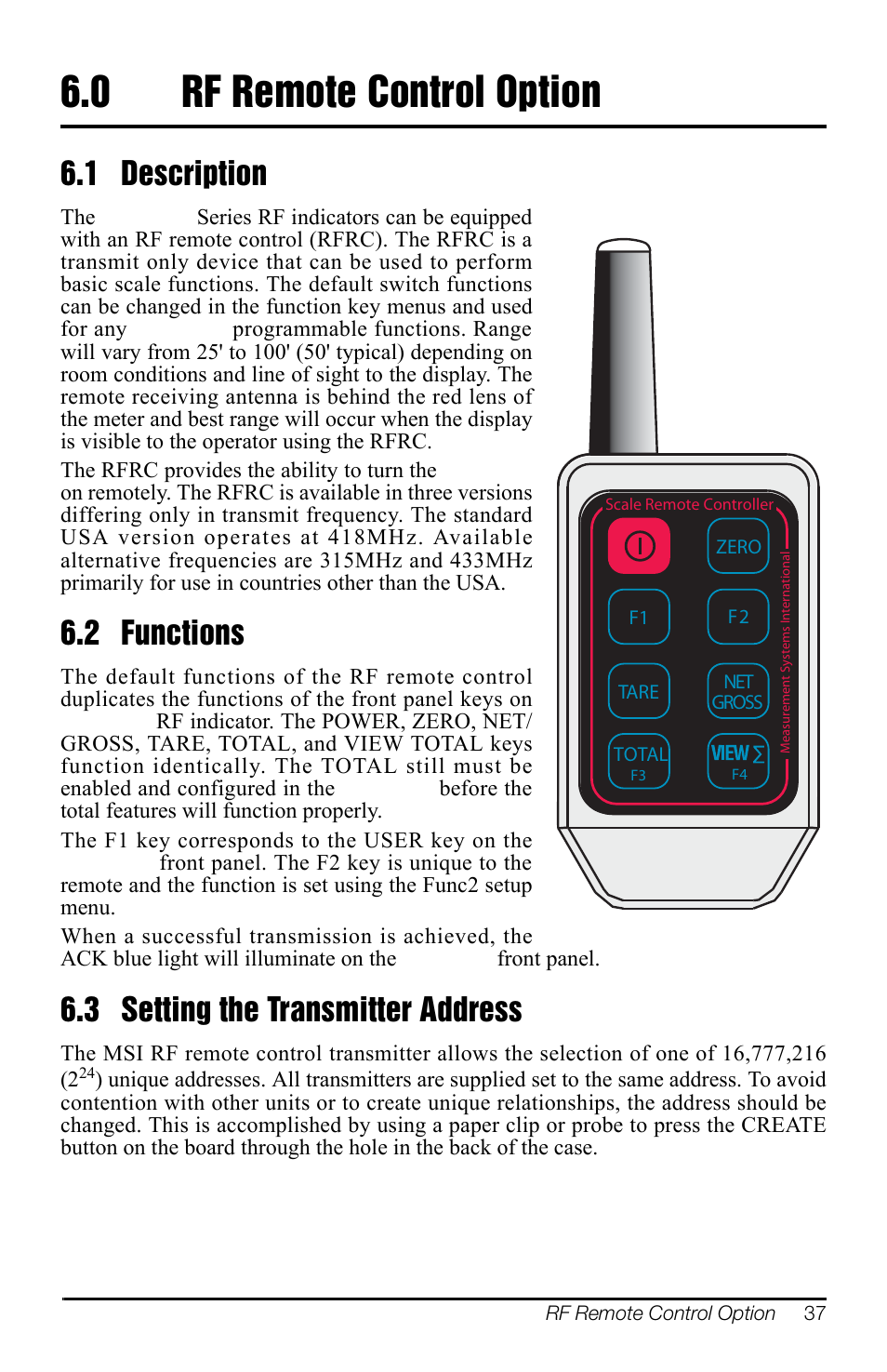 0 rf remote control option, 1 description, 2 functions | 3 setting the transmitter address, Rf remote control option | Rice Lake MSI-3460 Challenger 3 User Manual | Page 41 / 64