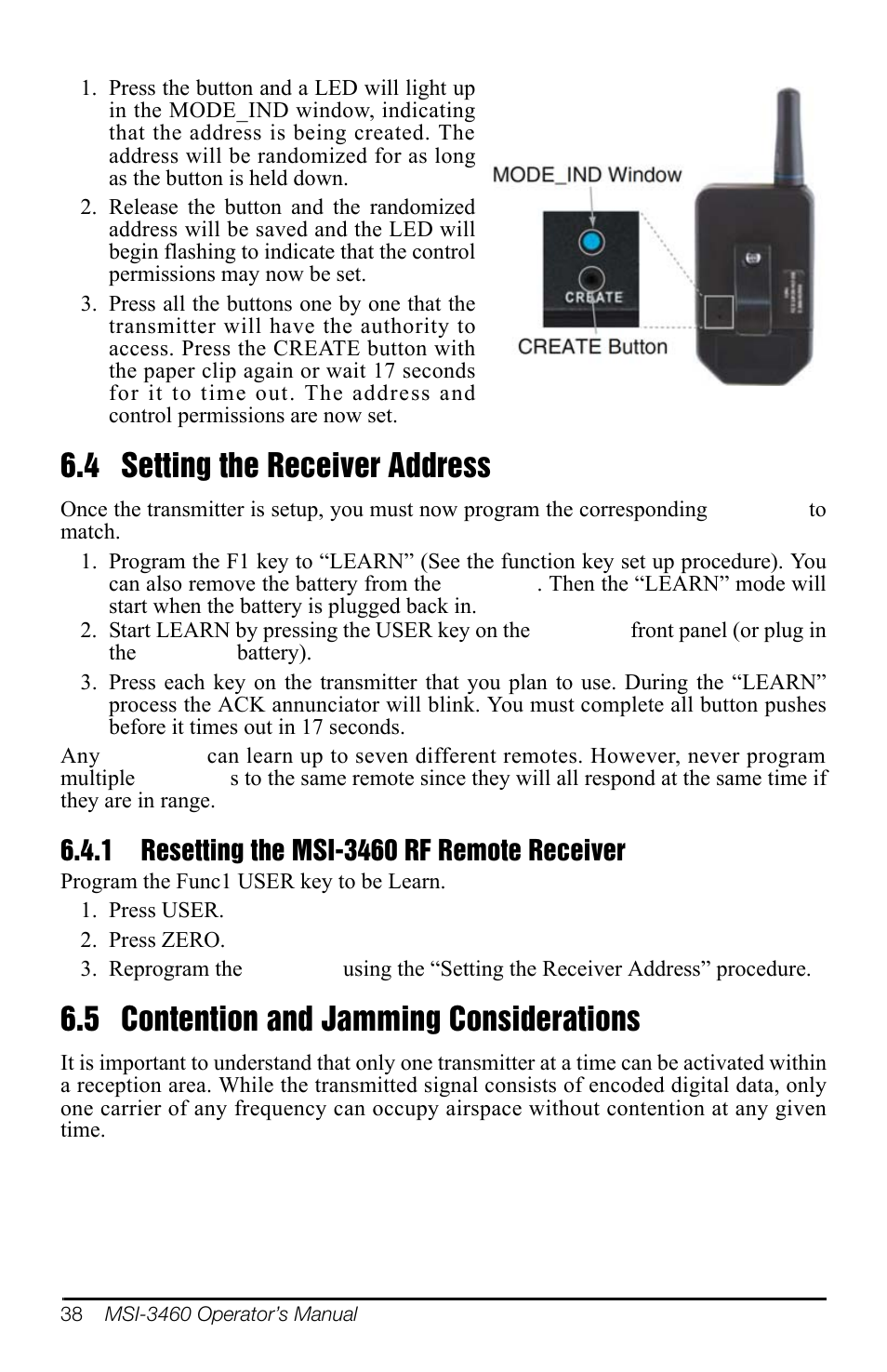 4 setting the receiver address, 1 resetting the msi-3460 rf remote receiver, 5 contention and jamming considerations | Resetting the msi-3460 rf remote receiver | Rice Lake MSI-3460 Challenger 3 User Manual | Page 42 / 64