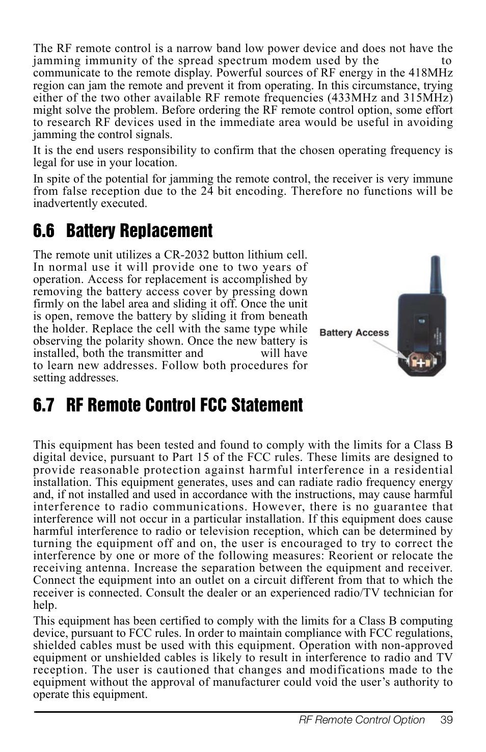 6 battery replacement, 7 rf remote control fcc statement | Rice Lake MSI-3460 Challenger 3 User Manual | Page 43 / 64