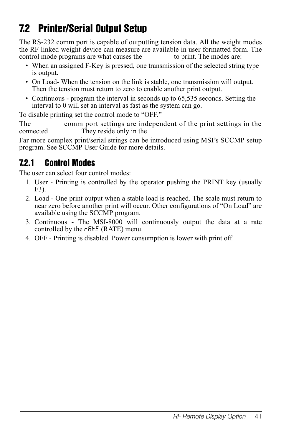 2 printer/serial output setup, 1 control modes, Control modes | Rice Lake MSI-3460 Challenger 3 User Manual | Page 45 / 64
