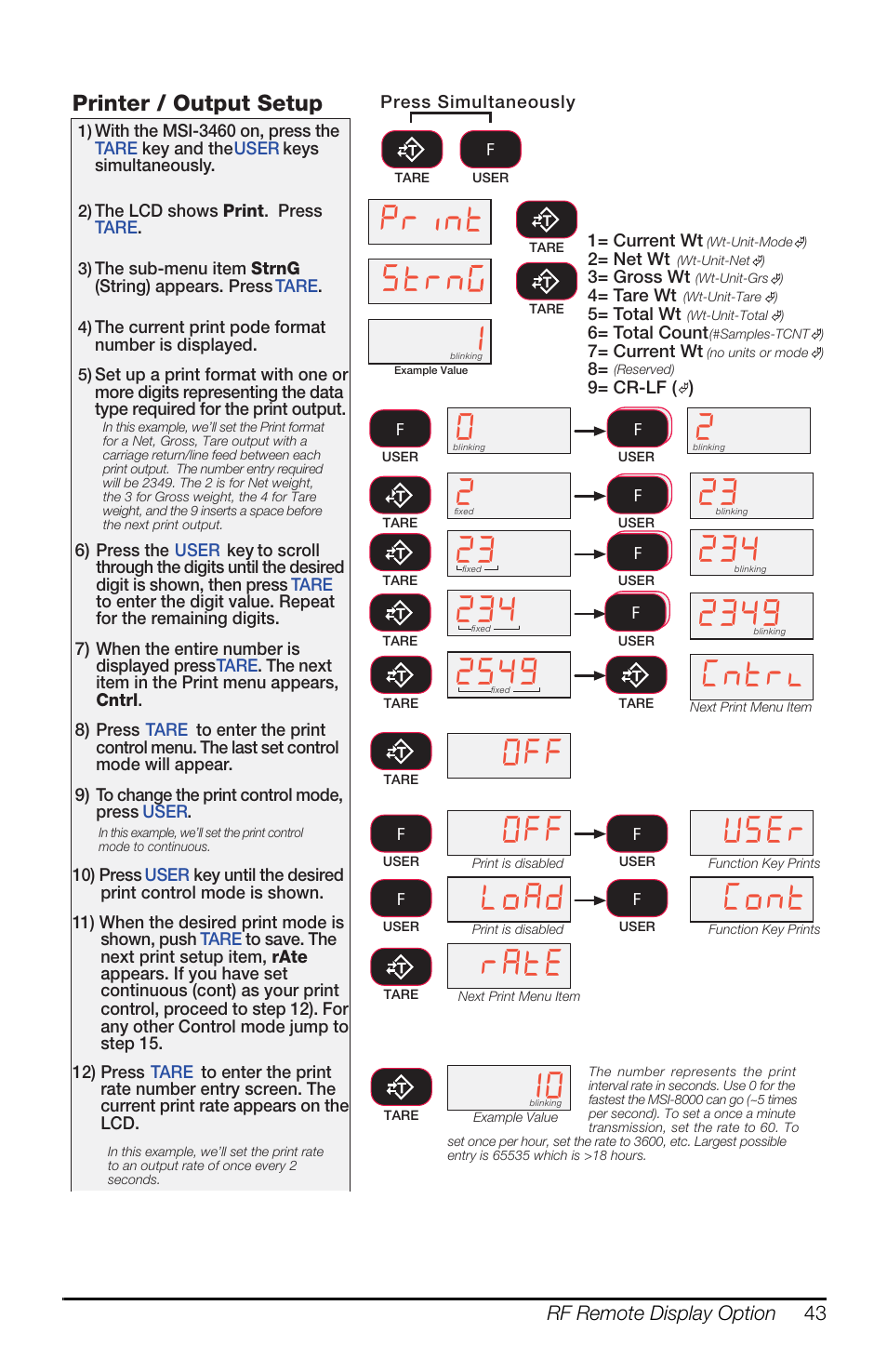 Qwuo, 3ulqw 6wuq, 2)) 8v(u | R$g &rqw, Udwh, Printer / output setup | Rice Lake MSI-3460 Challenger 3 User Manual | Page 47 / 64