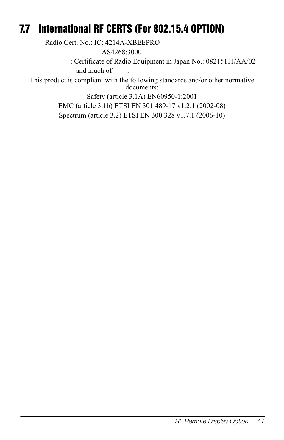 7 international rf certs (for 802.15.4 option) | Rice Lake MSI-3460 Challenger 3 User Manual | Page 51 / 64