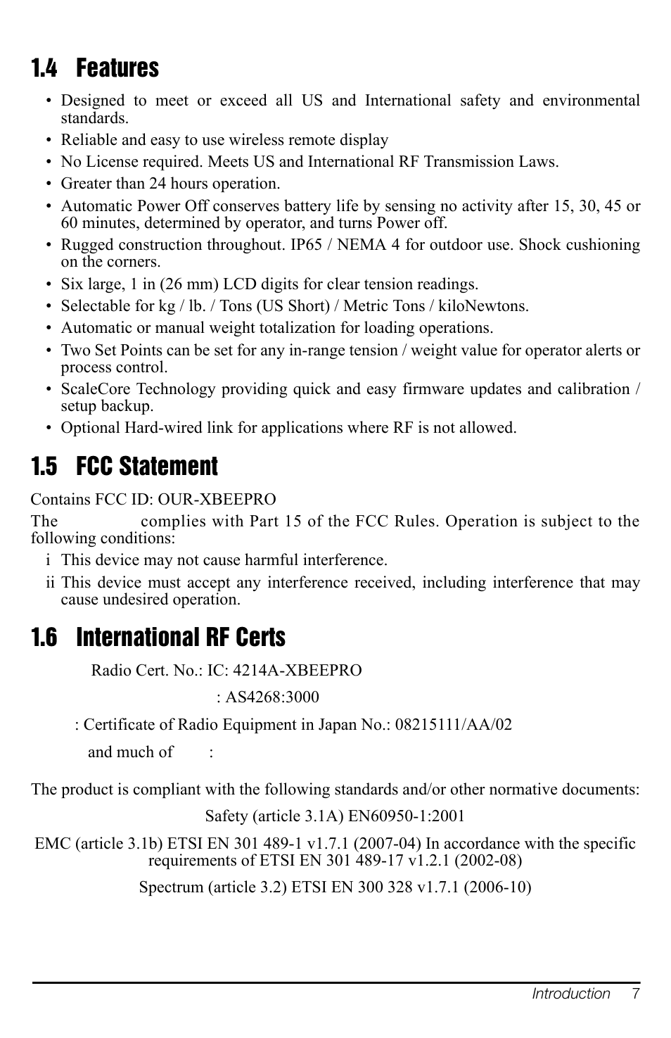 4 features, 5 fcc statement, 6 international rf certs | Rice Lake MSI-8000 RF Remote Display User Manual | Page 11 / 44