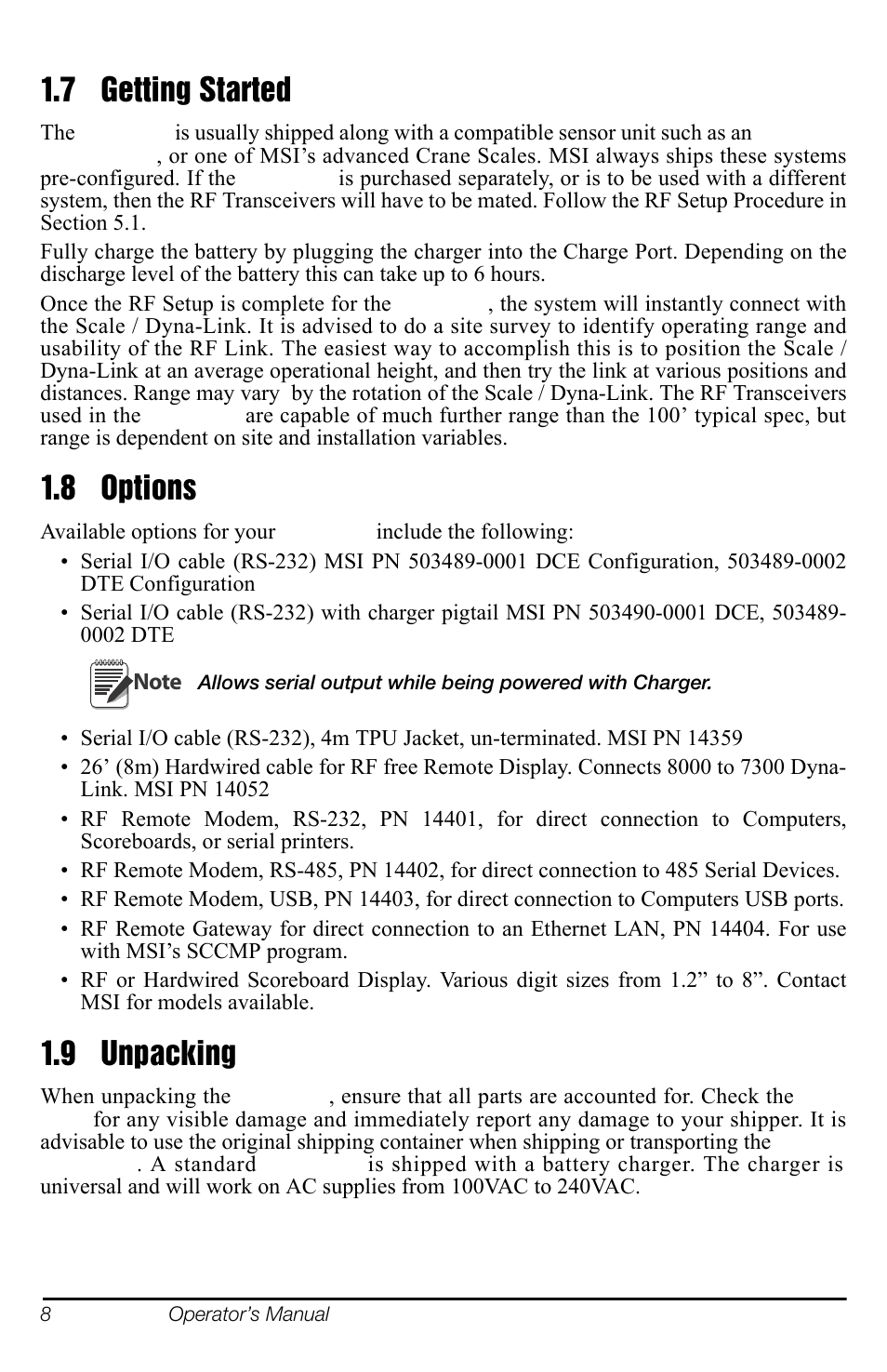 7 getting started, 8 options, 9 unpacking | 7 getting started 1.8 options 1.9 unpacking | Rice Lake MSI-8000 RF Remote Display User Manual | Page 12 / 44