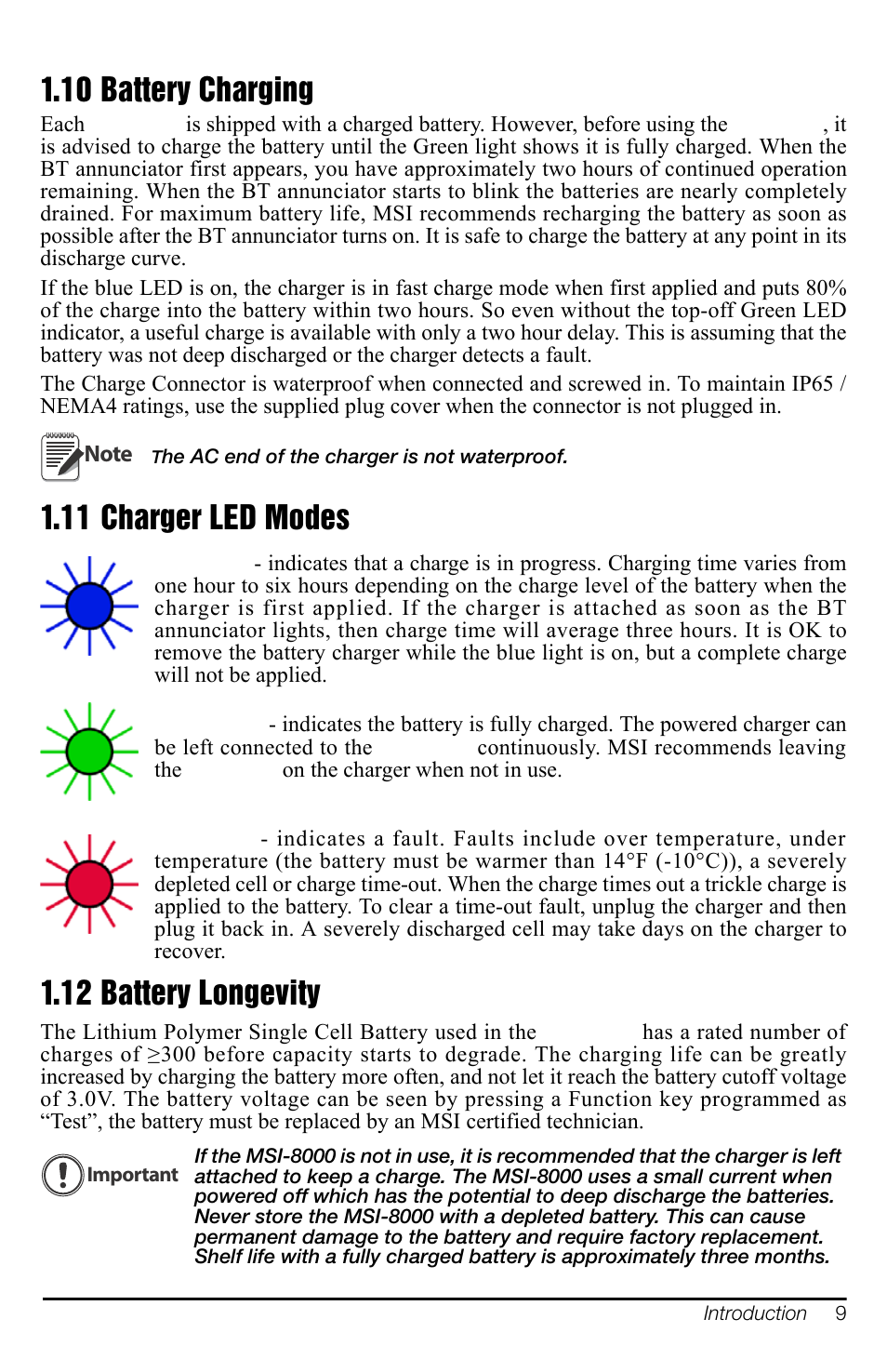 10 battery charging, 11 charger led modes, 12 battery longevity | 10 battery charging 1.11 charger led modes 1.12 ba | Rice Lake MSI-8000 RF Remote Display User Manual | Page 13 / 44