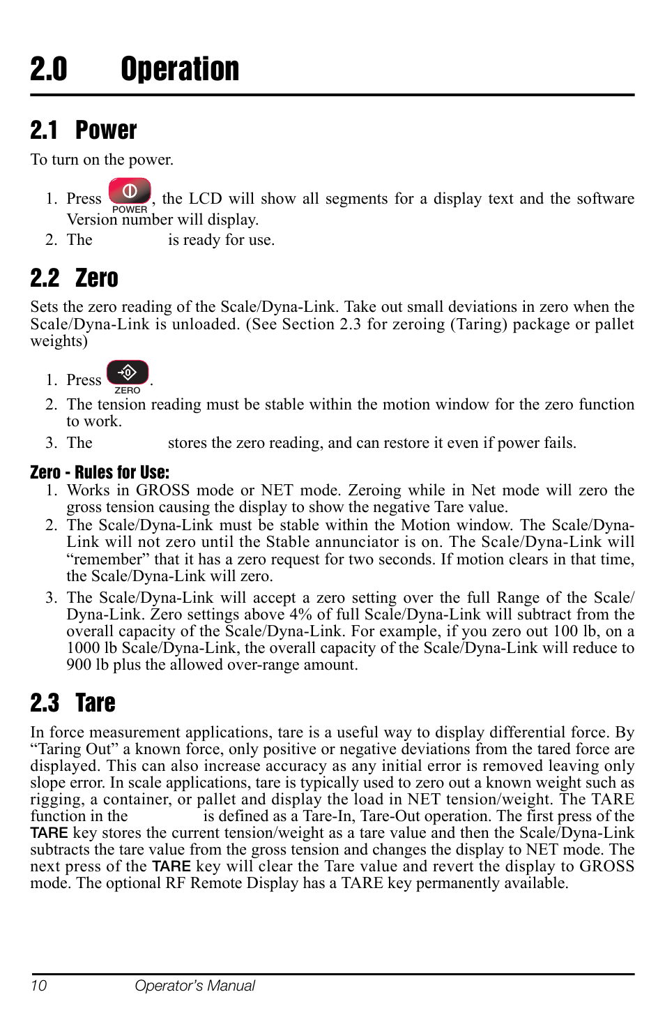 0 operation, 1 power, 2 zero | 3 tare, Operation, 1 power 2.2 zero 2.3 tare | Rice Lake MSI-8000 RF Remote Display User Manual | Page 14 / 44