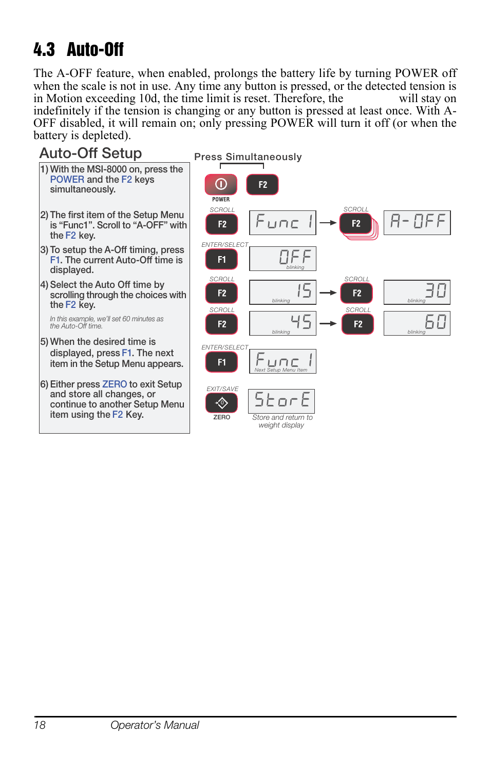 3 auto-off, Yqf $2)), 6wruh | Auto-off setup | Rice Lake MSI-8000 RF Remote Display User Manual | Page 22 / 44