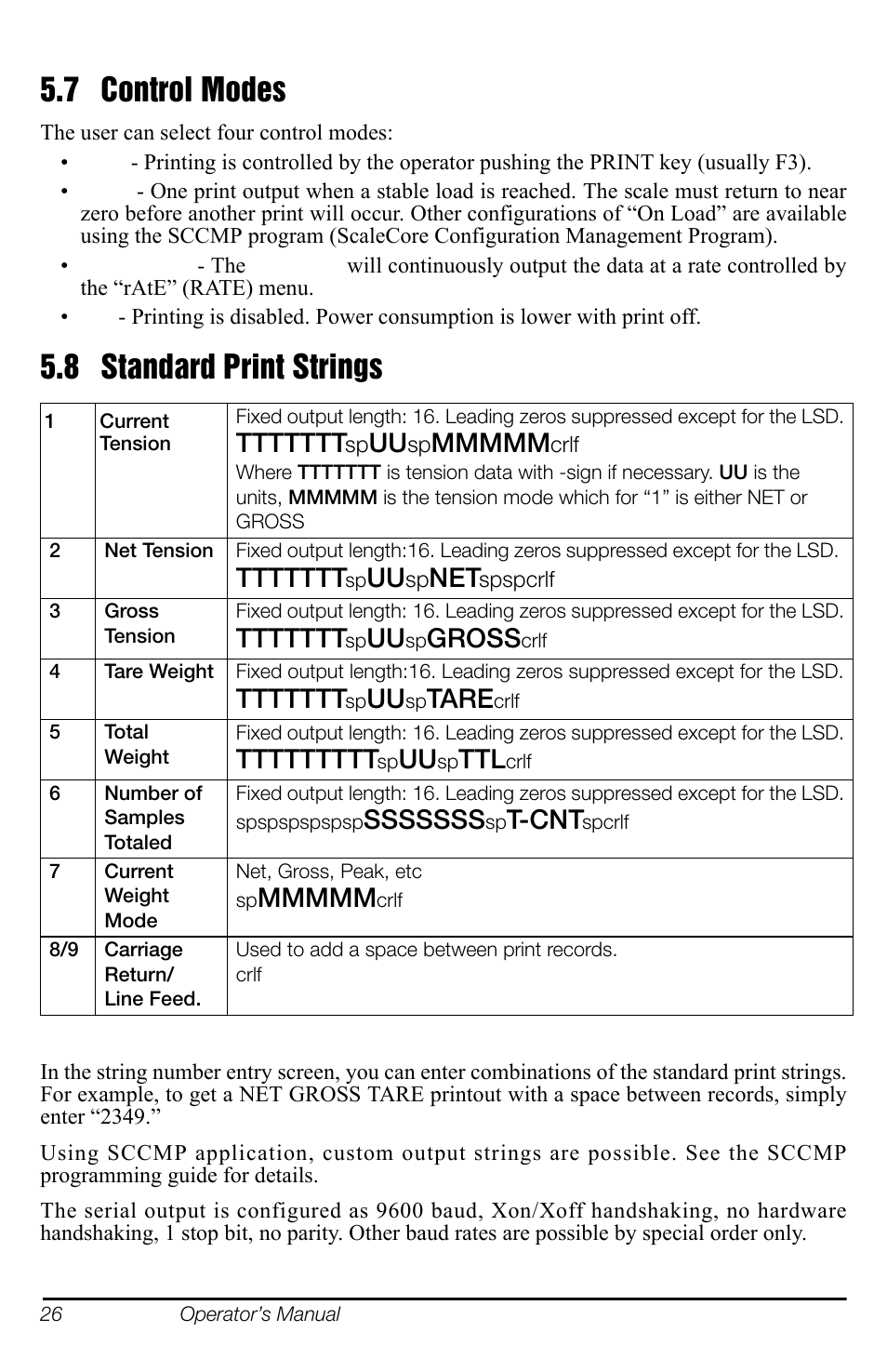 7 control modes, 8 standard print strings, 7 control modes 5.8 standard print strings | Gross, Tare, T-cnt | Rice Lake MSI-8000 RF Remote Display User Manual | Page 30 / 44