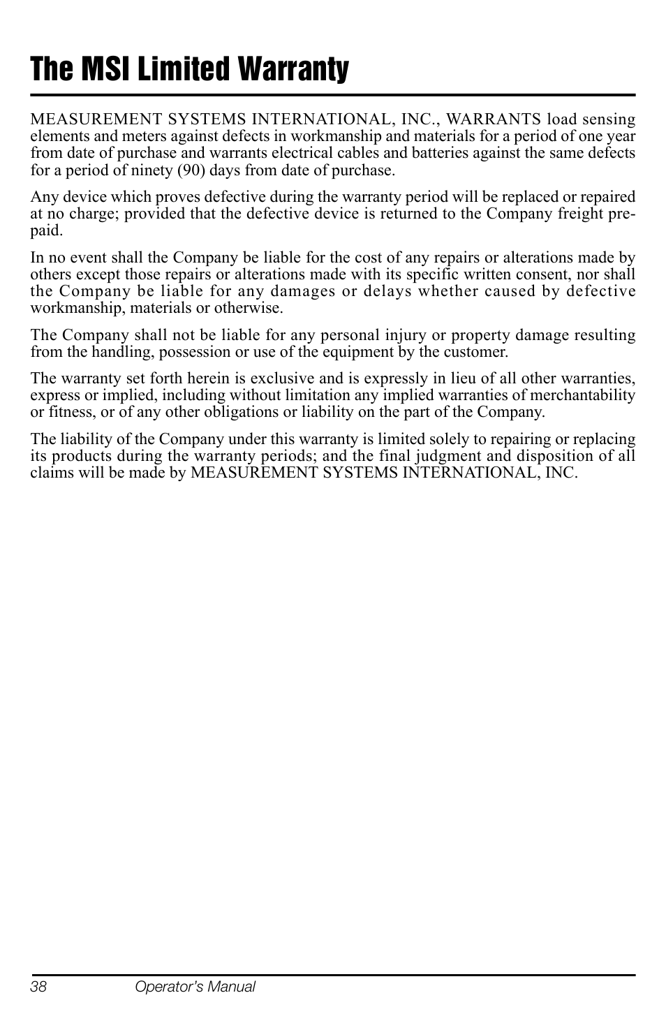 The msi limited warranty | Rice Lake MSI-8000 RF Remote Display User Manual | Page 42 / 44