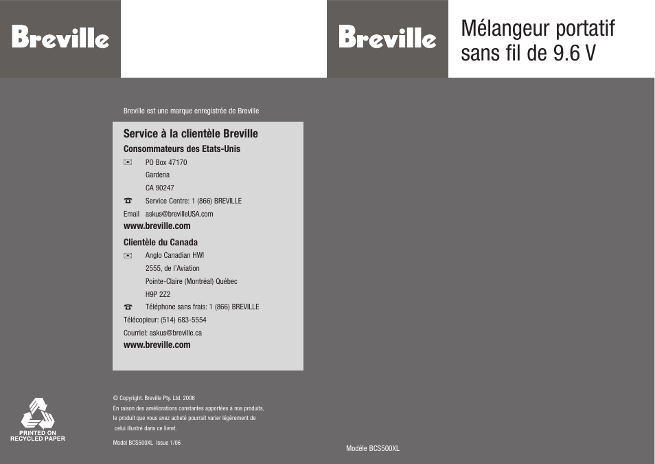 Mélangeur portatif sans fil de 9.6 v | Breville BCS500XL User Manual | Page 15 / 44