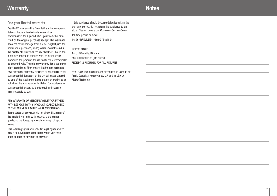 Warranty | Breville BCS500XL User Manual | Page 8 / 44