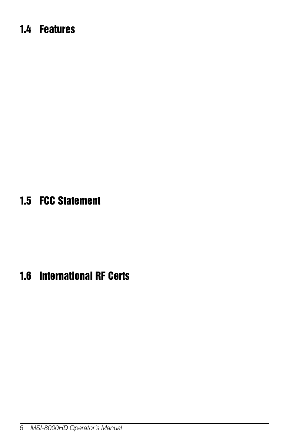 4 features, 5 fcc statement, 6 international rf certs | Rice Lake MSI-8000HD Remote Display User Manual | Page 10 / 48