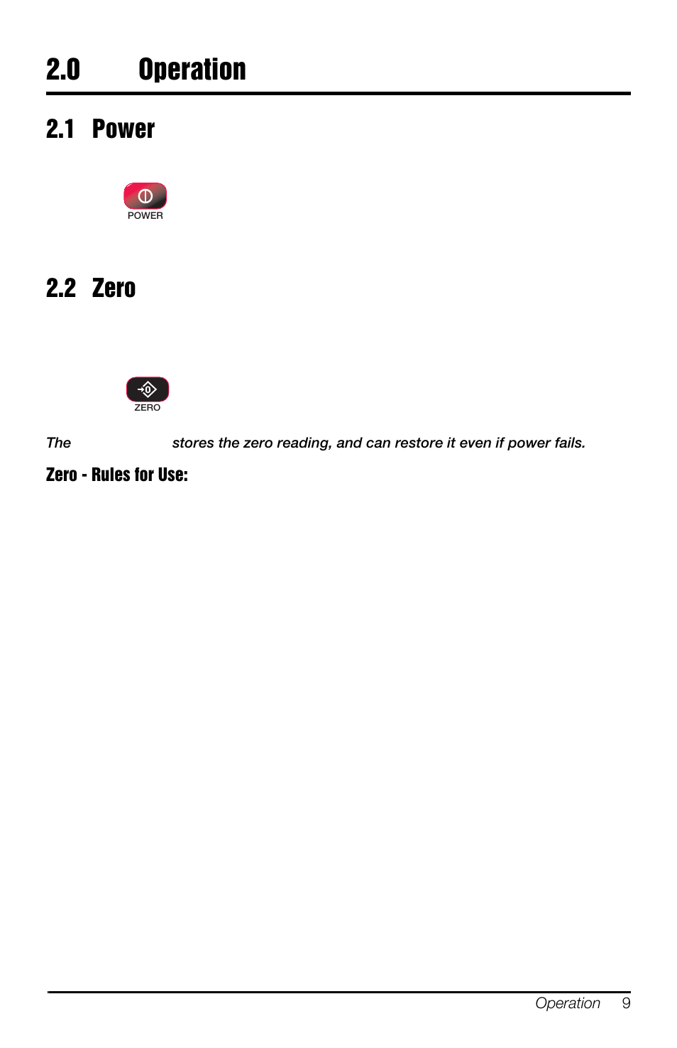 0 operation, 1 power, 2 zero | Operation, 1 power 2.2 zero | Rice Lake MSI-8000HD Remote Display User Manual | Page 13 / 48