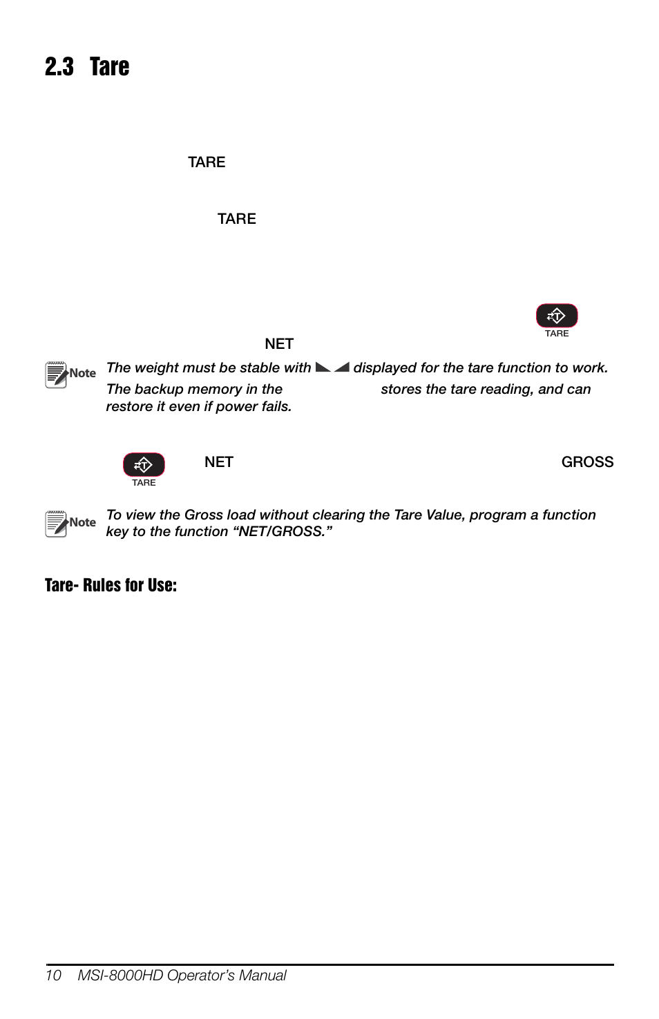 3 tare | Rice Lake MSI-8000HD Remote Display User Manual | Page 14 / 48