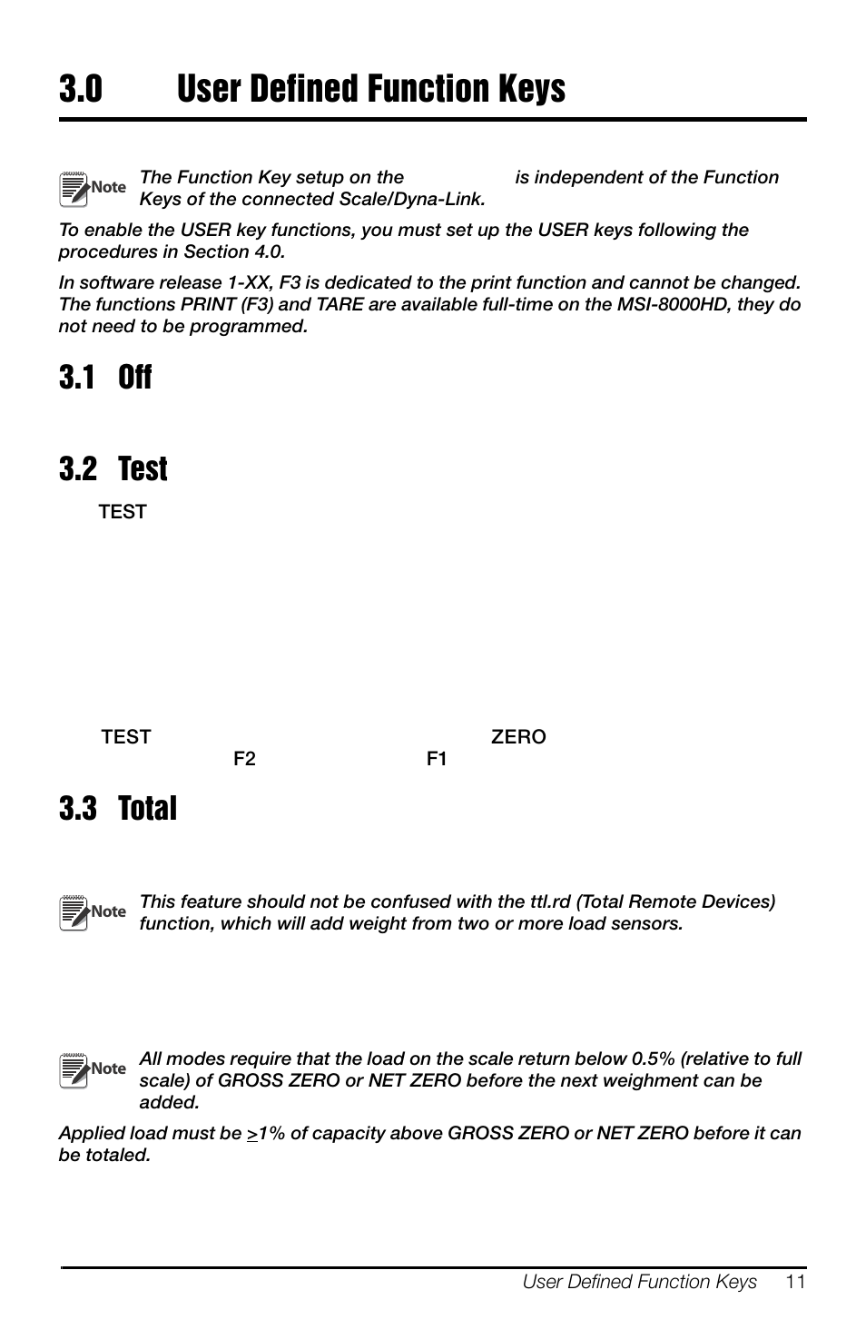 0 user defined function keys, 1 off, 2 test | 3 total, User defined function keys, 1 off 3.2 test 3.3 total | Rice Lake MSI-8000HD Remote Display User Manual | Page 15 / 48