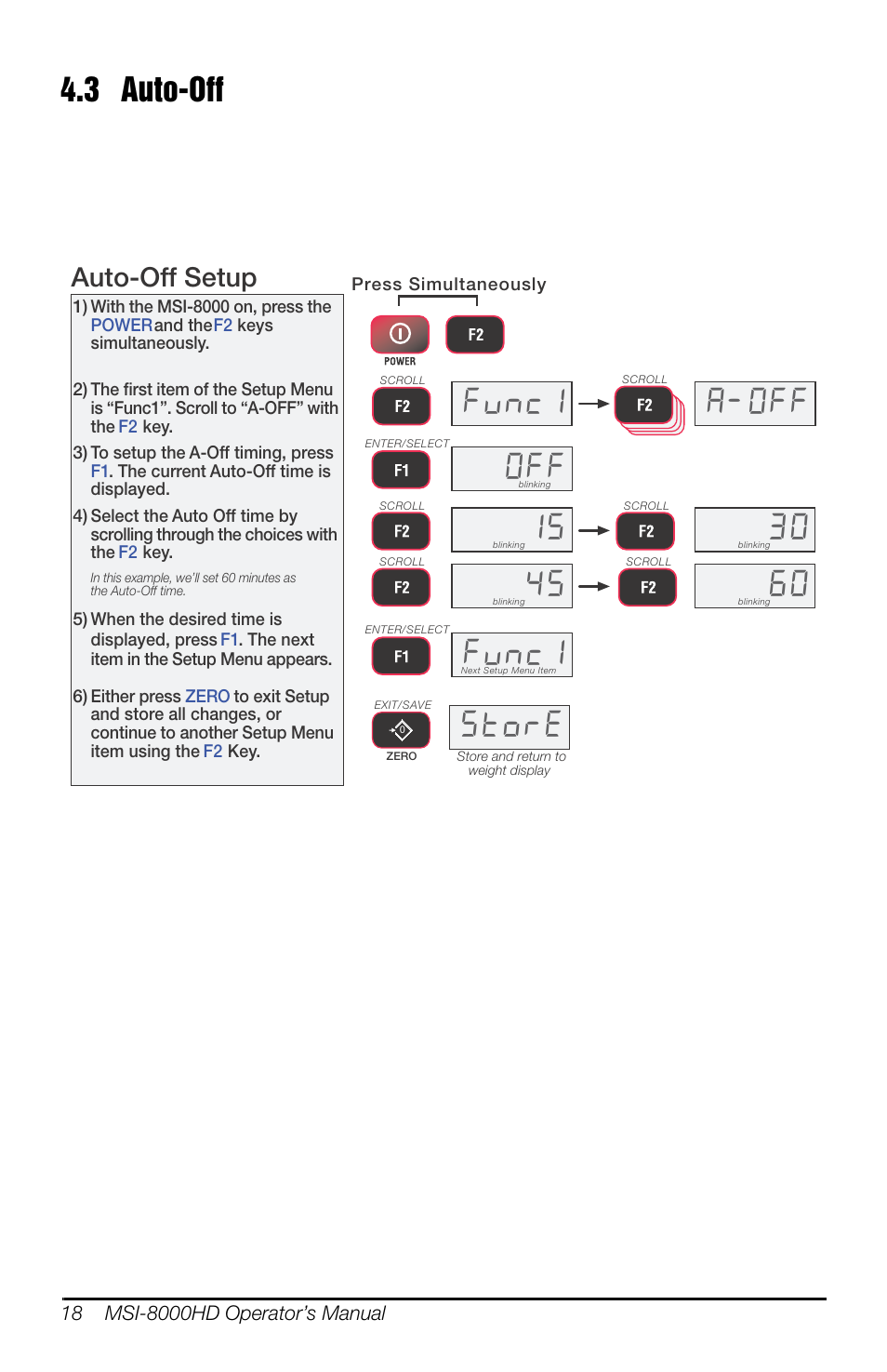 3 auto-off, Yqf $2)), 6wruh | Auto-off setup | Rice Lake MSI-8000HD Remote Display User Manual | Page 22 / 48