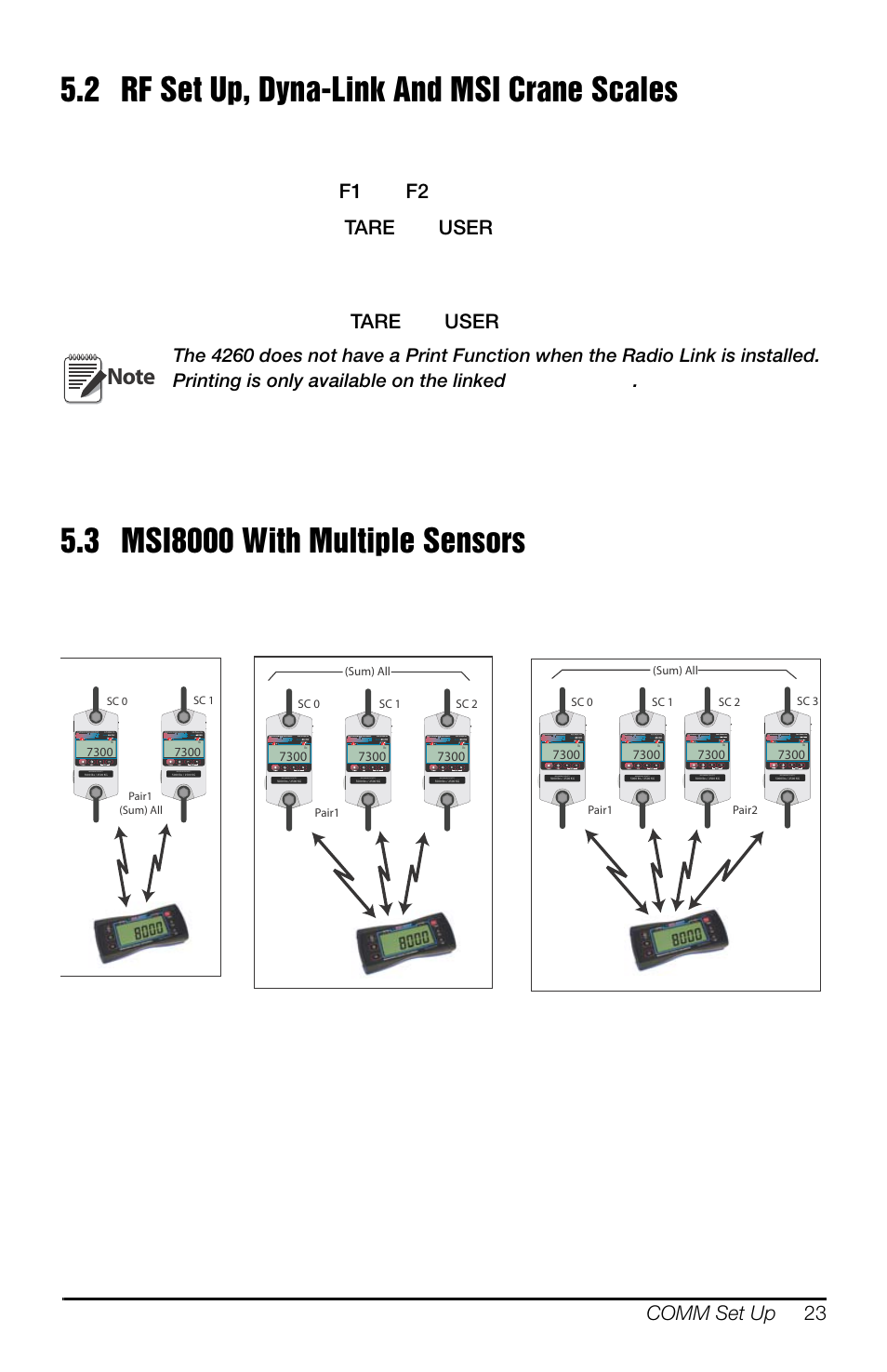 2 rf set up, dyna-link and msi crane scales, 3 msi8000 with multiple sensors, Simultaneously | Msi-8000hd, Comm set up 23, Tare, User | Rice Lake MSI-8000HD Remote Display User Manual | Page 27 / 48