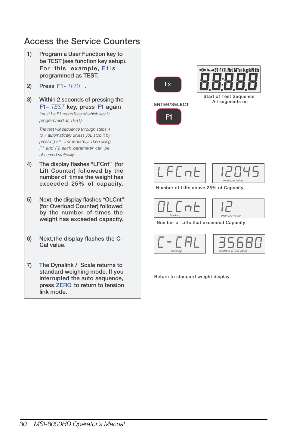 Qw  2/&qw, Access the service counters | Rice Lake MSI-8000HD Remote Display User Manual | Page 34 / 48