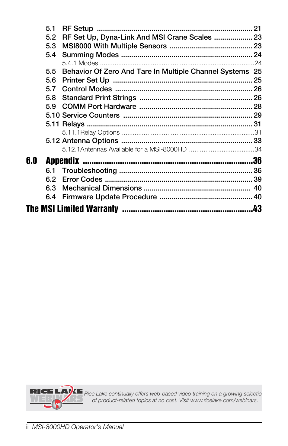 0 appendix, The msi limited warranty | Rice Lake MSI-8000HD Remote Display User Manual | Page 4 / 48