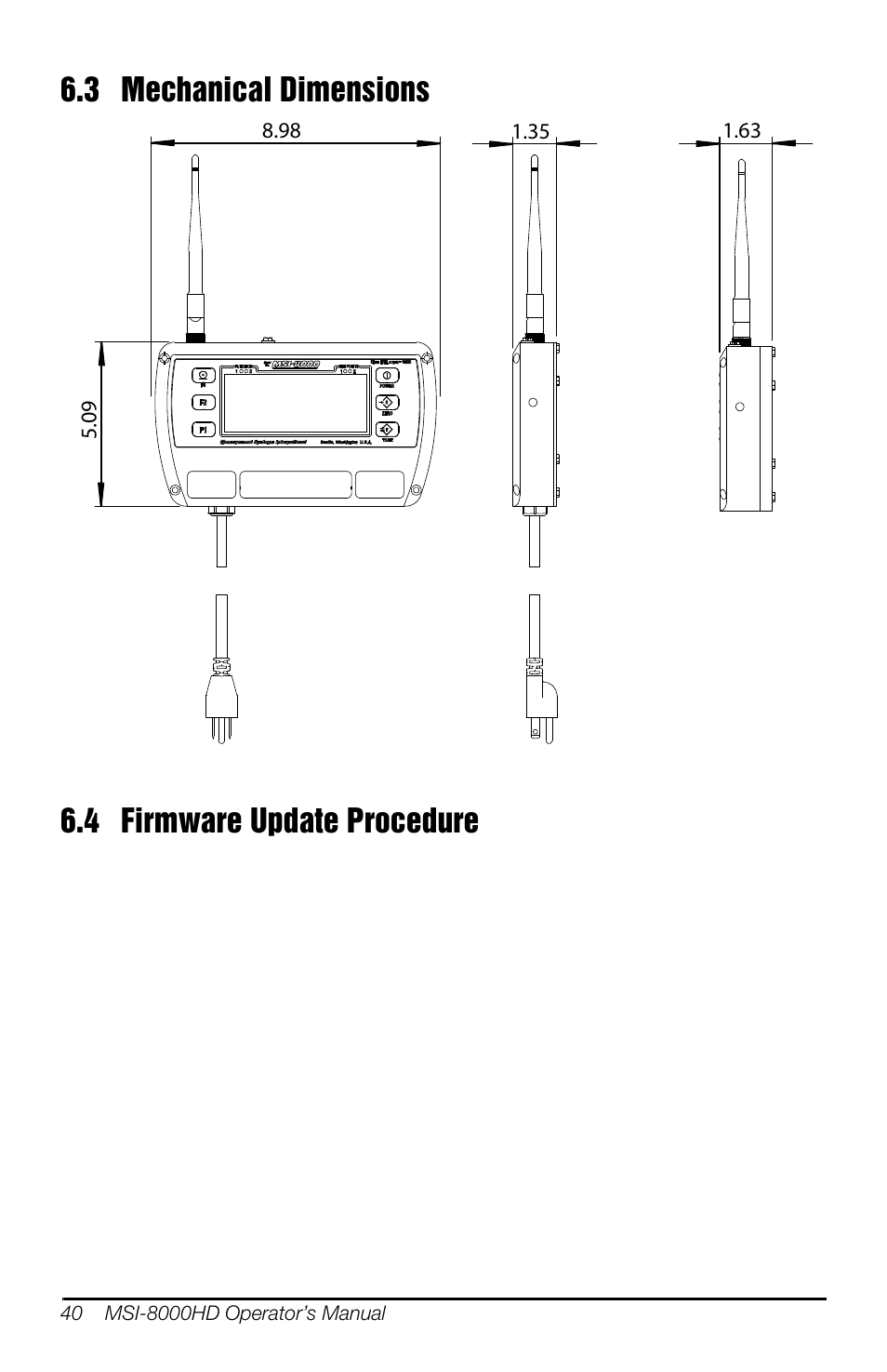 3 mechanical dimensions, 4 firmware update procedure | Rice Lake MSI-8000HD Remote Display User Manual | Page 44 / 48
