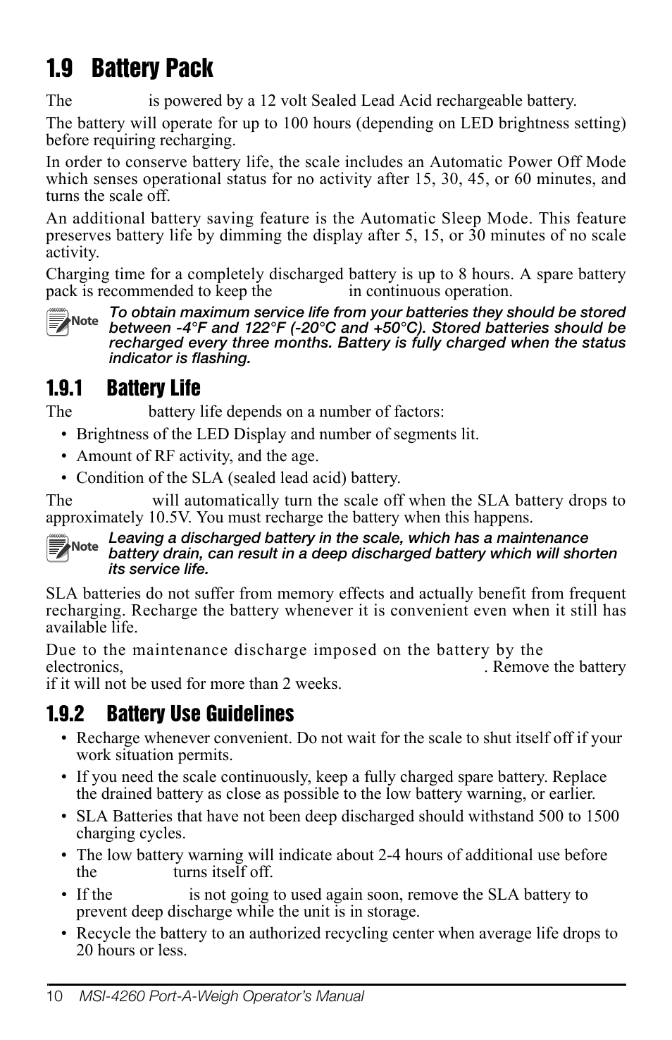 9 battery pack, 1 battery life, 2 battery use guidelines | Battery life, Battery use guidelines | Rice Lake MSI-4260 Port-A-Weigh User Manual | Page 14 / 64