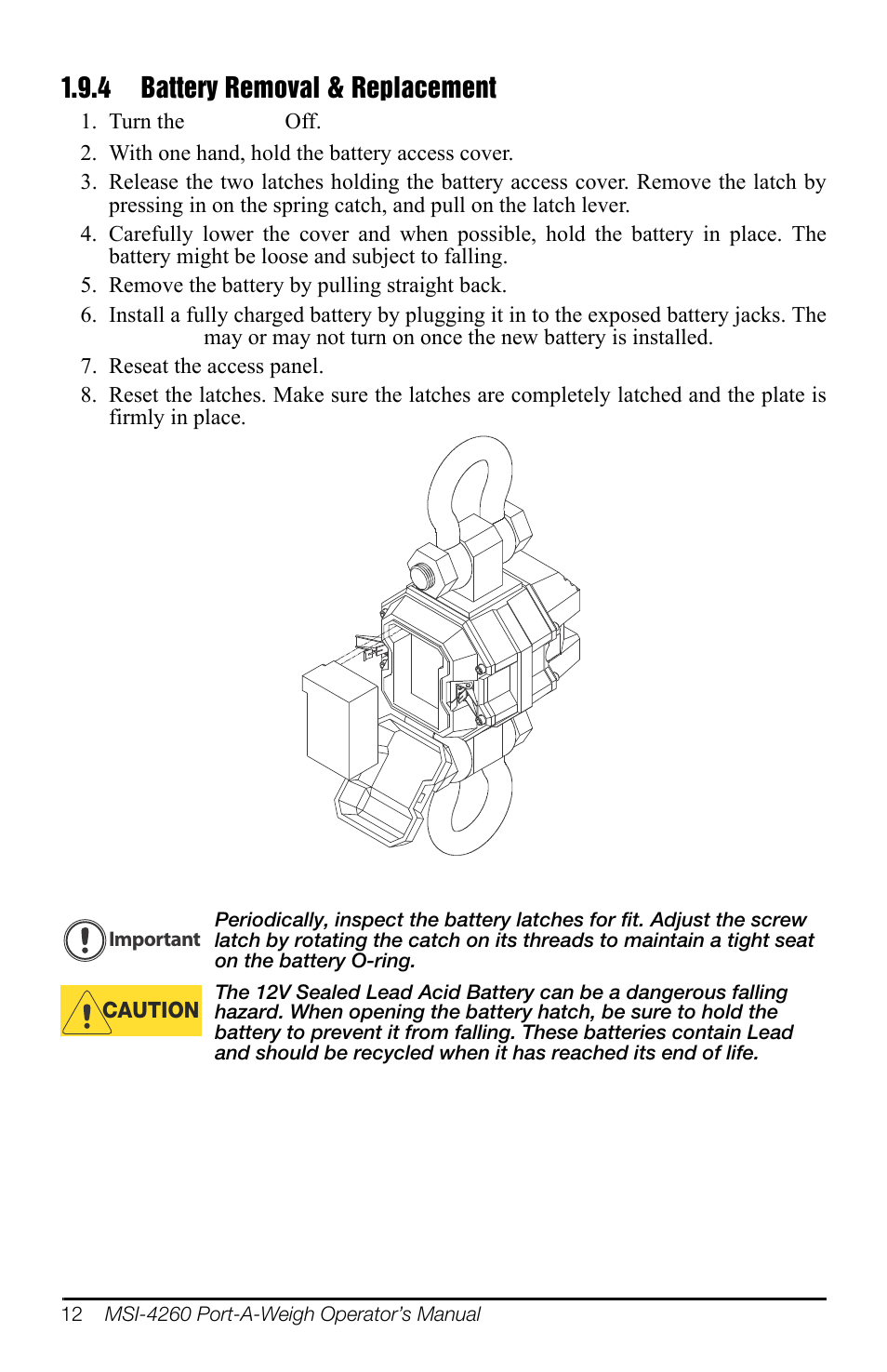 4 battery removal & replacement, Battery removal & replacement | Rice Lake MSI-4260 Port-A-Weigh User Manual | Page 16 / 64