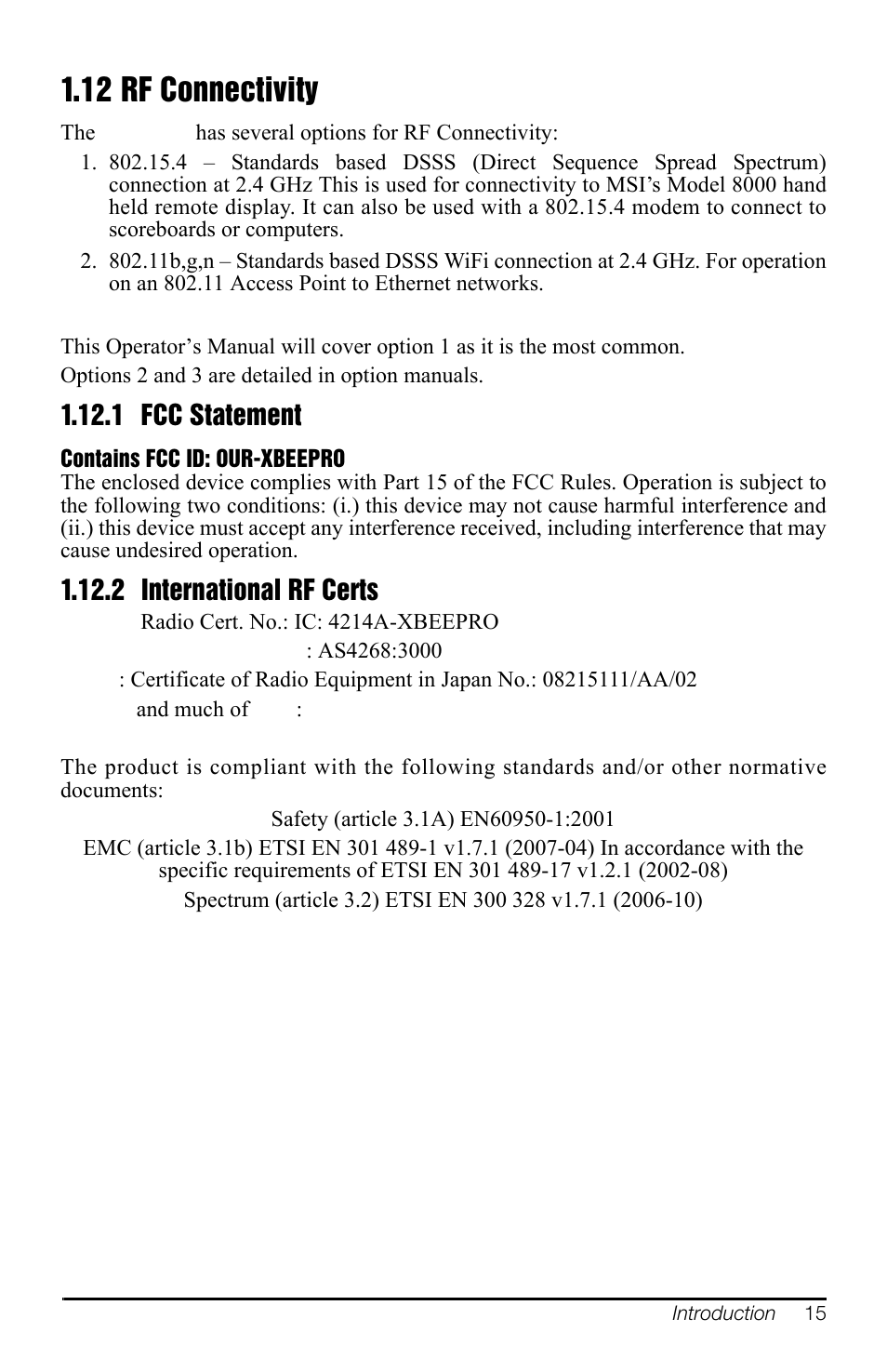 12 rf connectivity, 1 fcc statement (for 802.15.4 option), 2 international rf certs (for 802.15.4 option) | Fcc statement (for 802.15.4 option), International rf certs (for 802.15.4 option), 1 fcc statement, 2 international rf certs | Rice Lake MSI-4260 Port-A-Weigh User Manual | Page 19 / 64