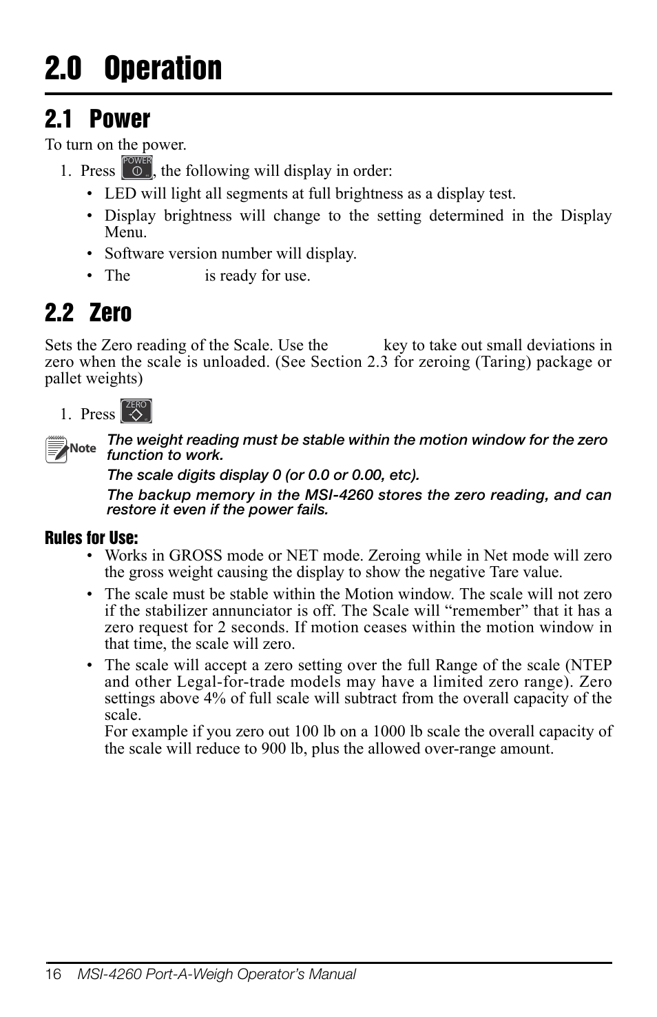 0 operation, 1 power, 2 zero | Operation, 1 power 2.2 zero | Rice Lake MSI-4260 Port-A-Weigh User Manual | Page 20 / 64