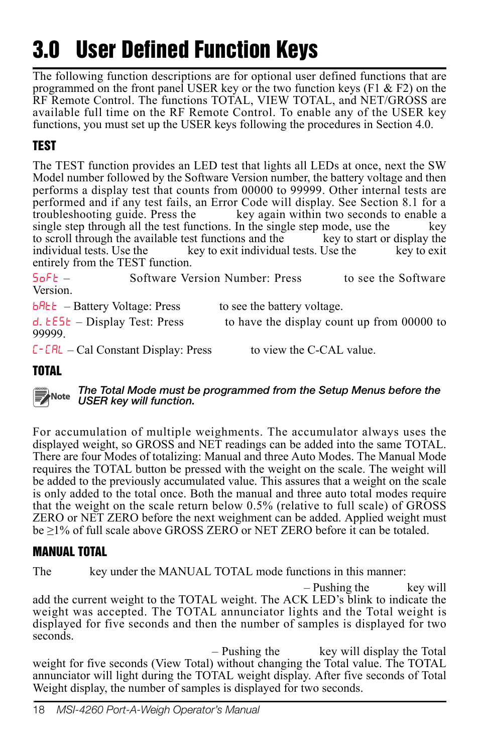 0 user defined function keys, User defined function keys | Rice Lake MSI-4260 Port-A-Weigh User Manual | Page 22 / 64