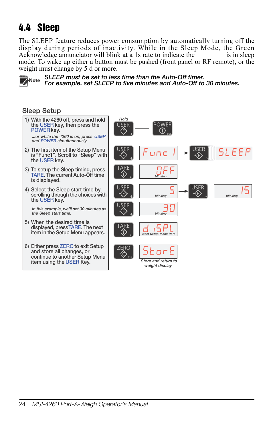 4 sleep, Yqf  glvs, 6/((3 6wruh | Sleep setup | Rice Lake MSI-4260 Port-A-Weigh User Manual | Page 28 / 64