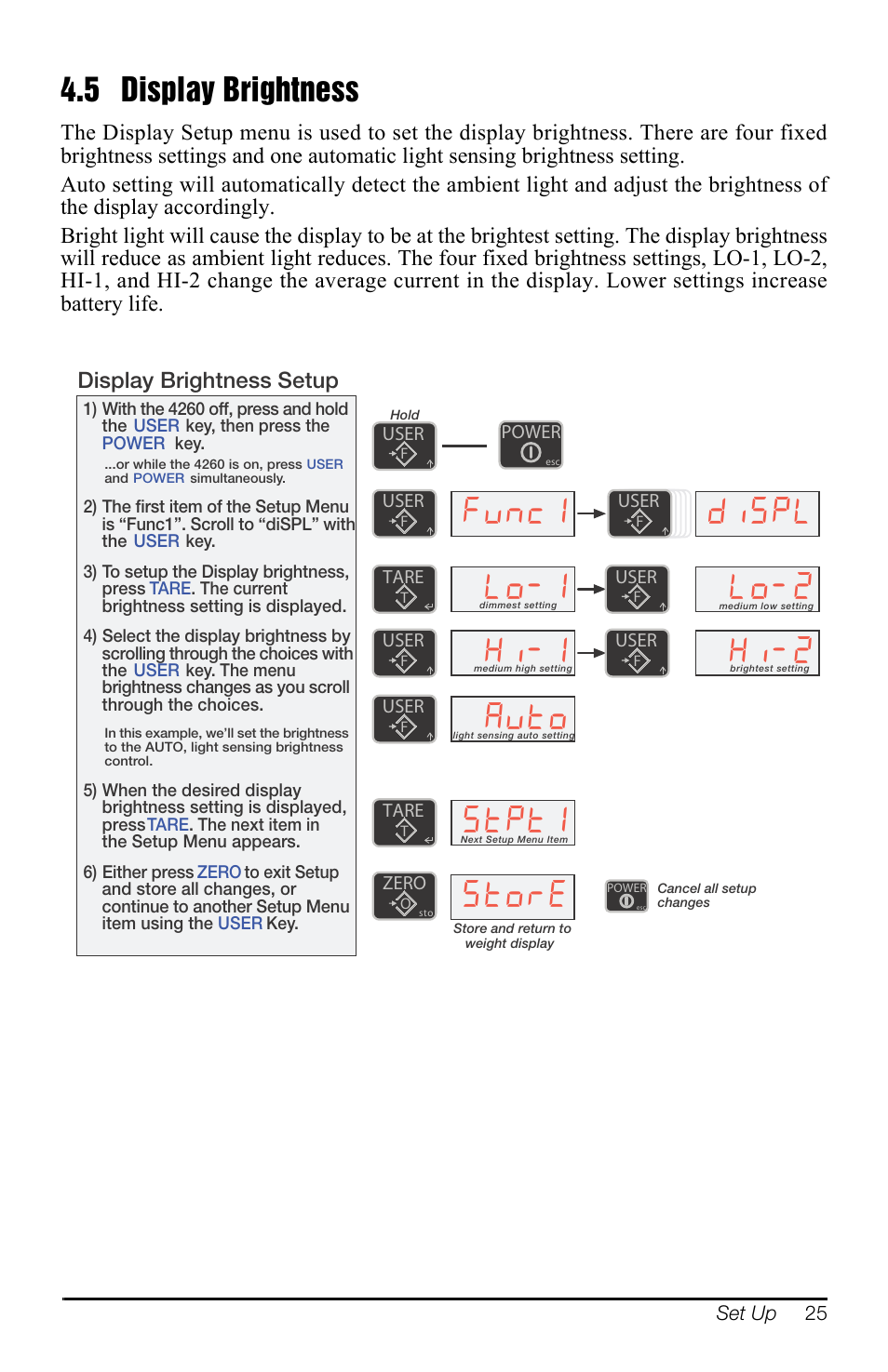 5 display brightness, Yqf +l 6w3w, Ywr +l | Glvs/ /r, 6wruh, Display brightness setup | Rice Lake MSI-4260 Port-A-Weigh User Manual | Page 29 / 64