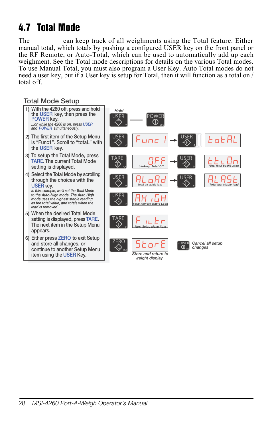 7 total mode, Yqf $/rdg )lowu, L + $/$67 | Wrwd/ wwo2q, 6wruh, Total mode setup, Figure 4-8. total mode setup | Rice Lake MSI-4260 Port-A-Weigh User Manual | Page 32 / 64