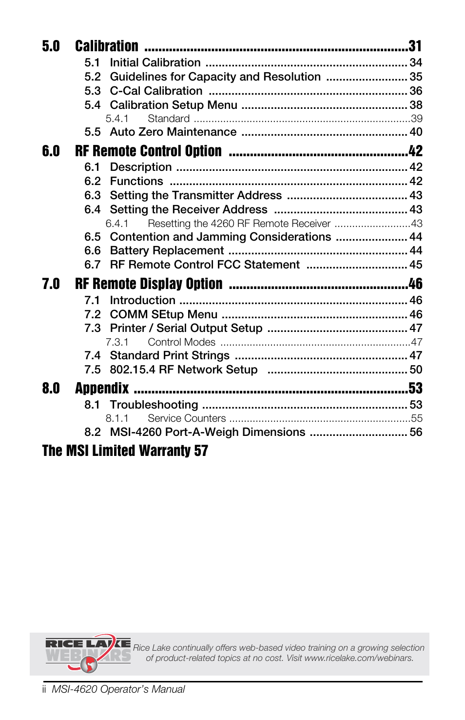0 calibration, 0 rf remote control option, 0 rf remote display option | 0 appendix, The msi limited warranty 57 | Rice Lake MSI-4260 Port-A-Weigh User Manual | Page 4 / 64