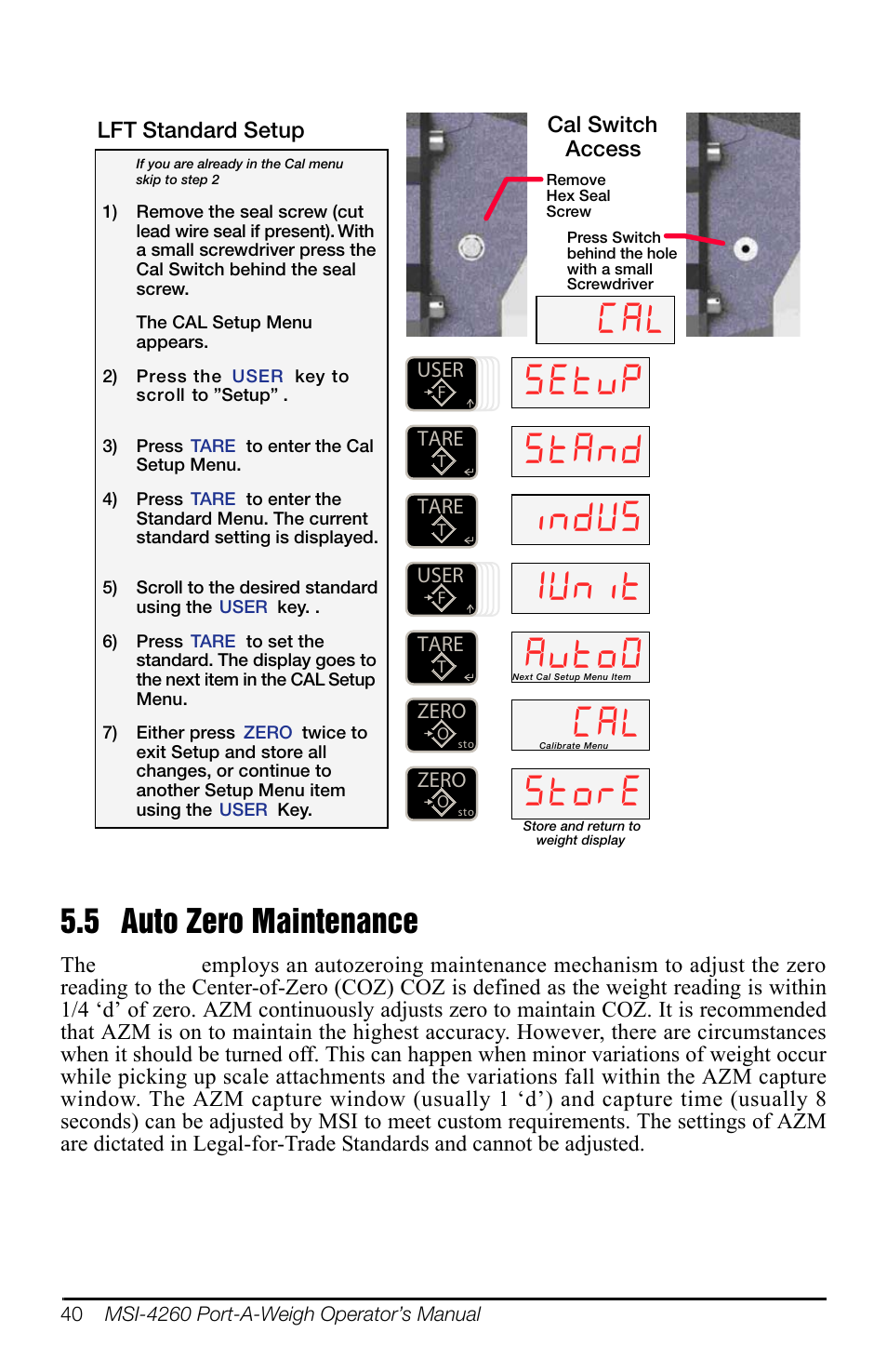 5 auto zero maintenance, Vhwys 6wdqg lqgxv xqlw $ywr, D/ 6wruh | Rice Lake MSI-4260 Port-A-Weigh User Manual | Page 44 / 64