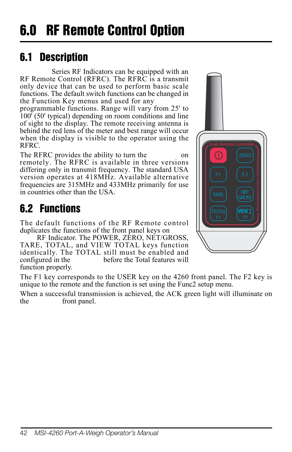 0 rf remote control option, 1 description, 2 functions | Rf remote control option, 1 description 6.2 functions | Rice Lake MSI-4260 Port-A-Weigh User Manual | Page 46 / 64