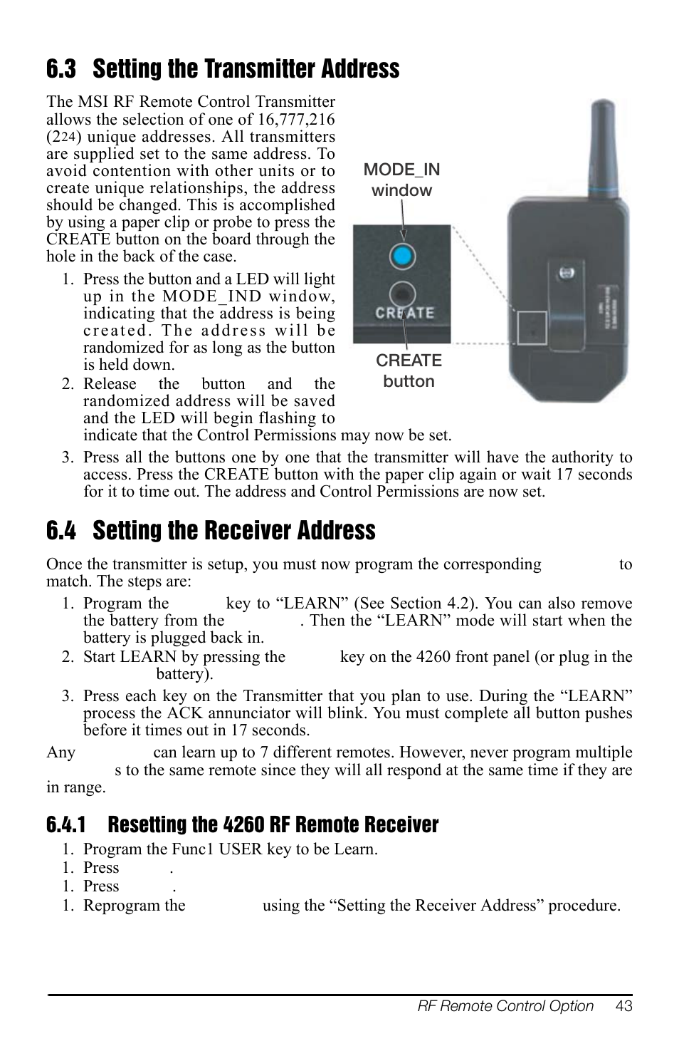 3 setting the transmitter address, 4 setting the receiver address, 1 resetting the 4260 rf remote receiver | Resetting the 4260 rf remote receiver | Rice Lake MSI-4260 Port-A-Weigh User Manual | Page 47 / 64